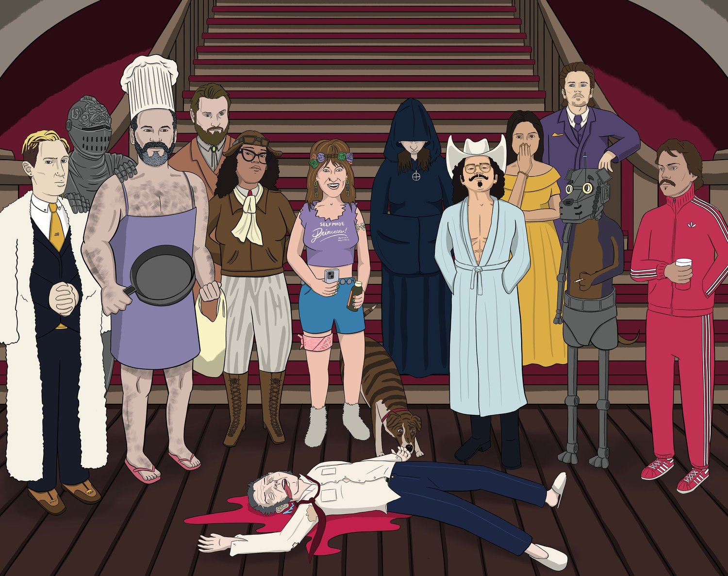 Clue-style whodunit menu with illustrated bartender characters