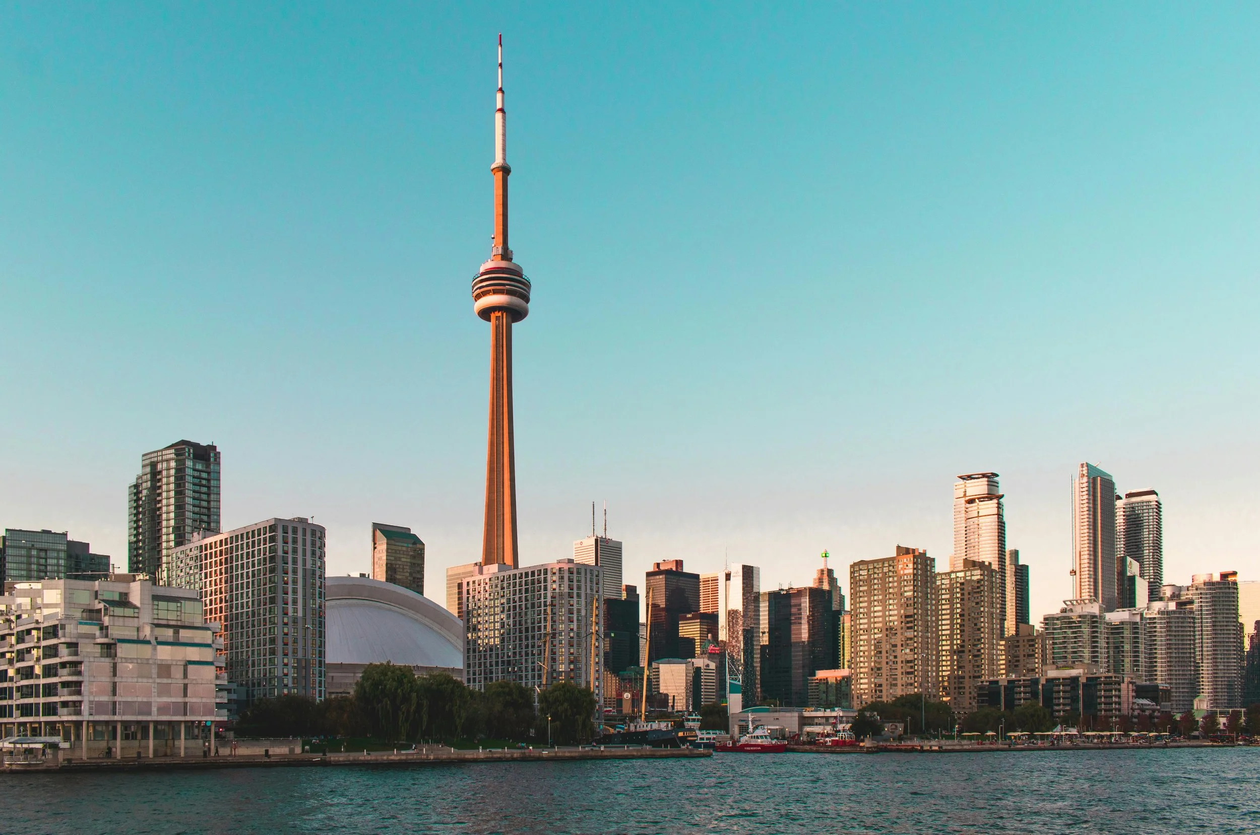 The Toronto skyline and CN Tower across the harbour