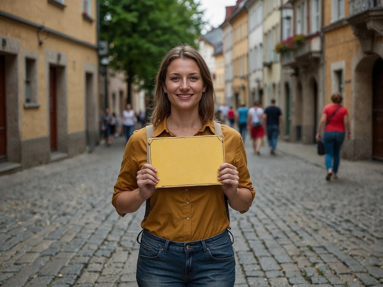 A young woman with a yellow shirt holding a blank yellow sign standing on a cobblestone street with colorful buildings and people walking in the background.