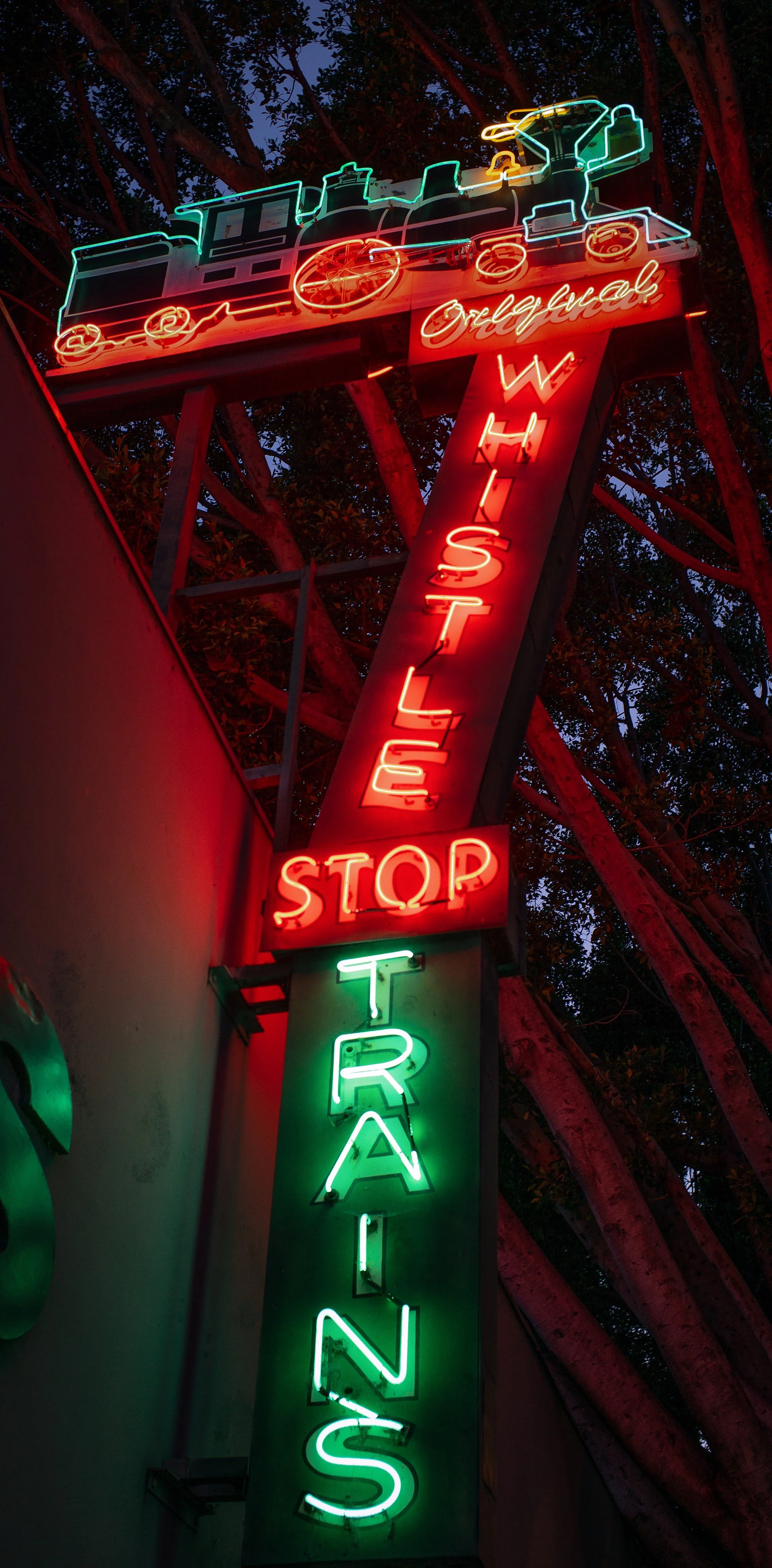 Original Whistler Stop Trains on Route 66 neon sign, Route 66, 2490 E. Colorado
Blvd., Pasadena, 2026. Photo by Walt Fogler-Mancini 