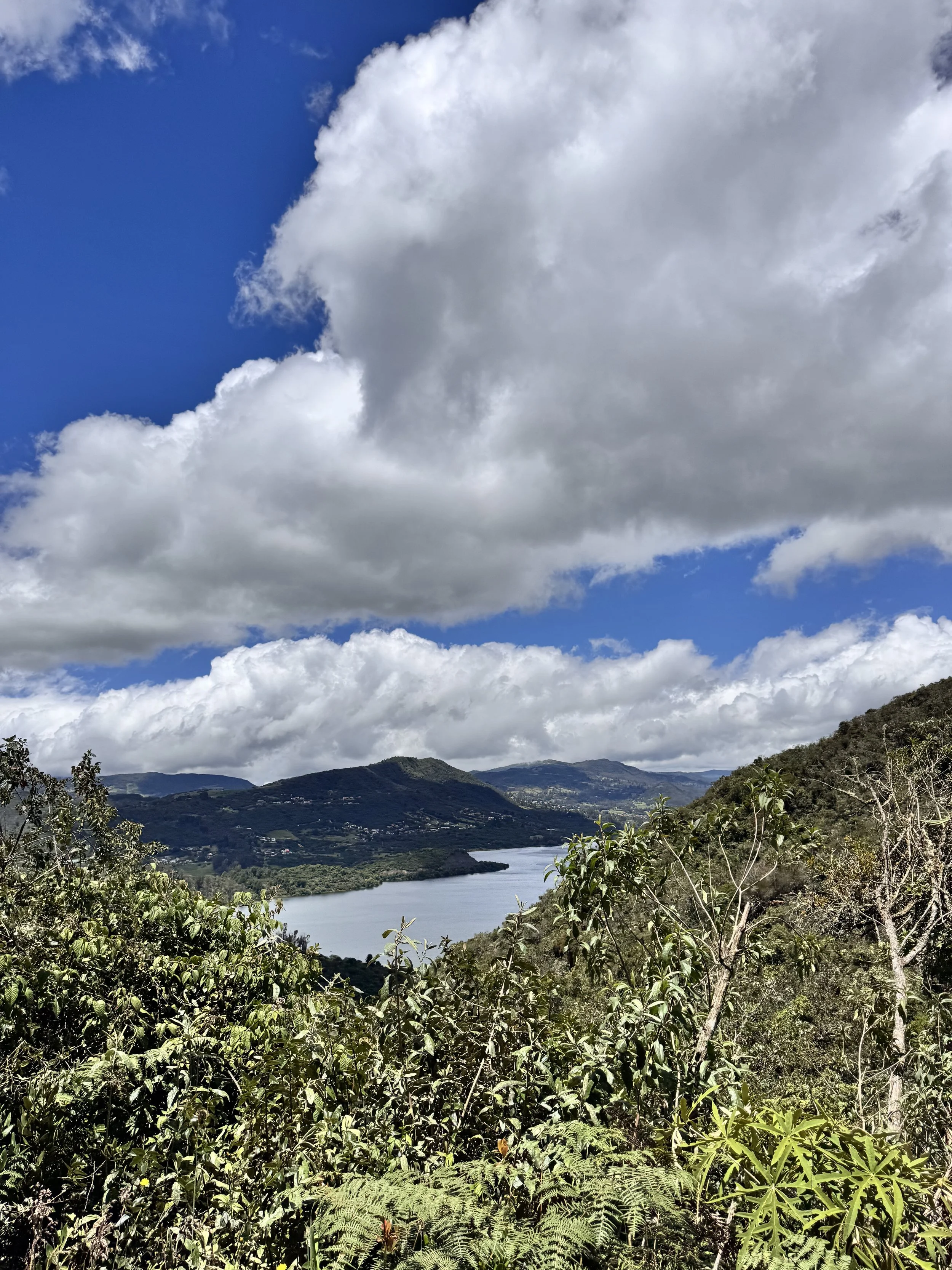 Scenic view of a river surrounded by lush green hills and dense vegetation under a sky with large, white clouds.