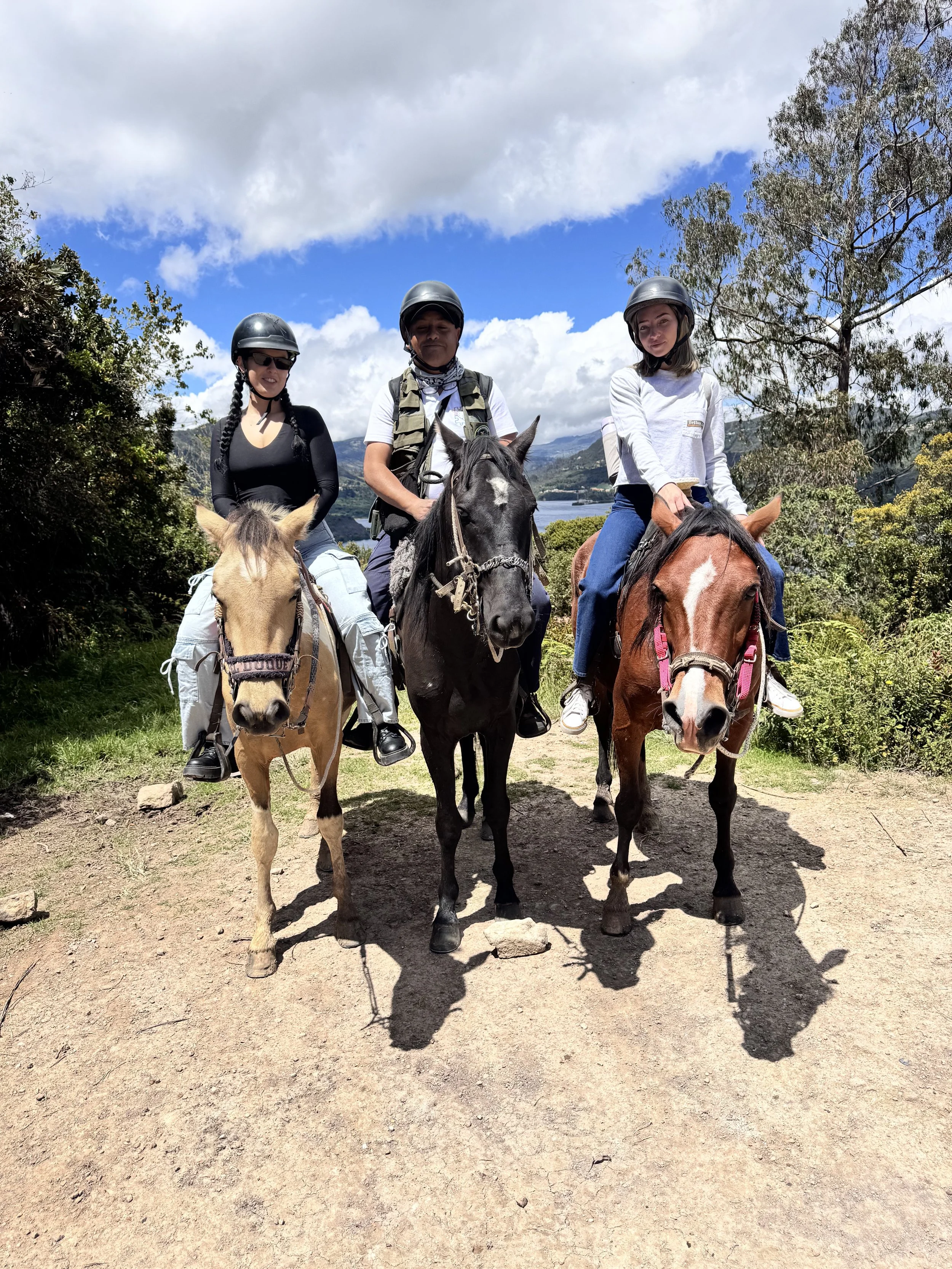 Three people riding horses on a trail in a scenic outdoor setting with trees, grass, mountains, and a lake in the background.
