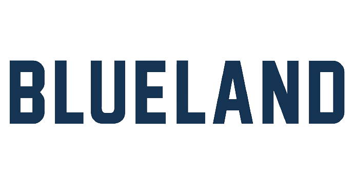 The word "BLUELAND" in bold, navy blue capital letters on a transparent background.