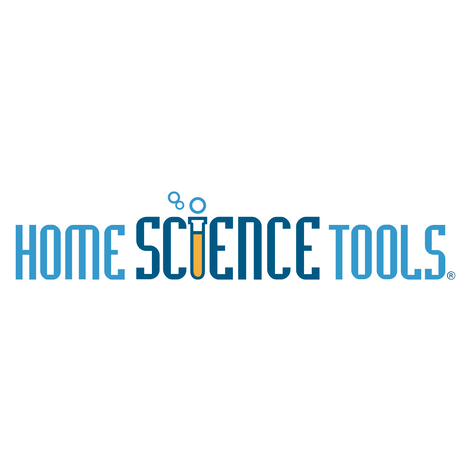 Black logo with a stylized molecule design and the words "Home Science Tools" in blue space below