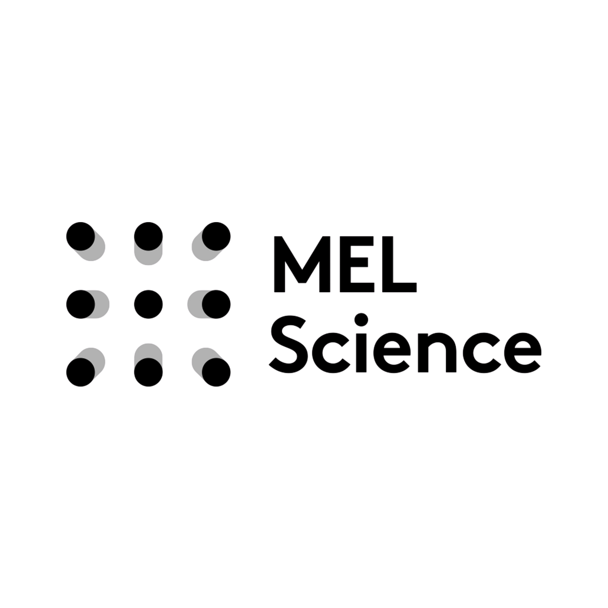 Logo with 9 dots making a square with MEL Science in black stacked next to it.