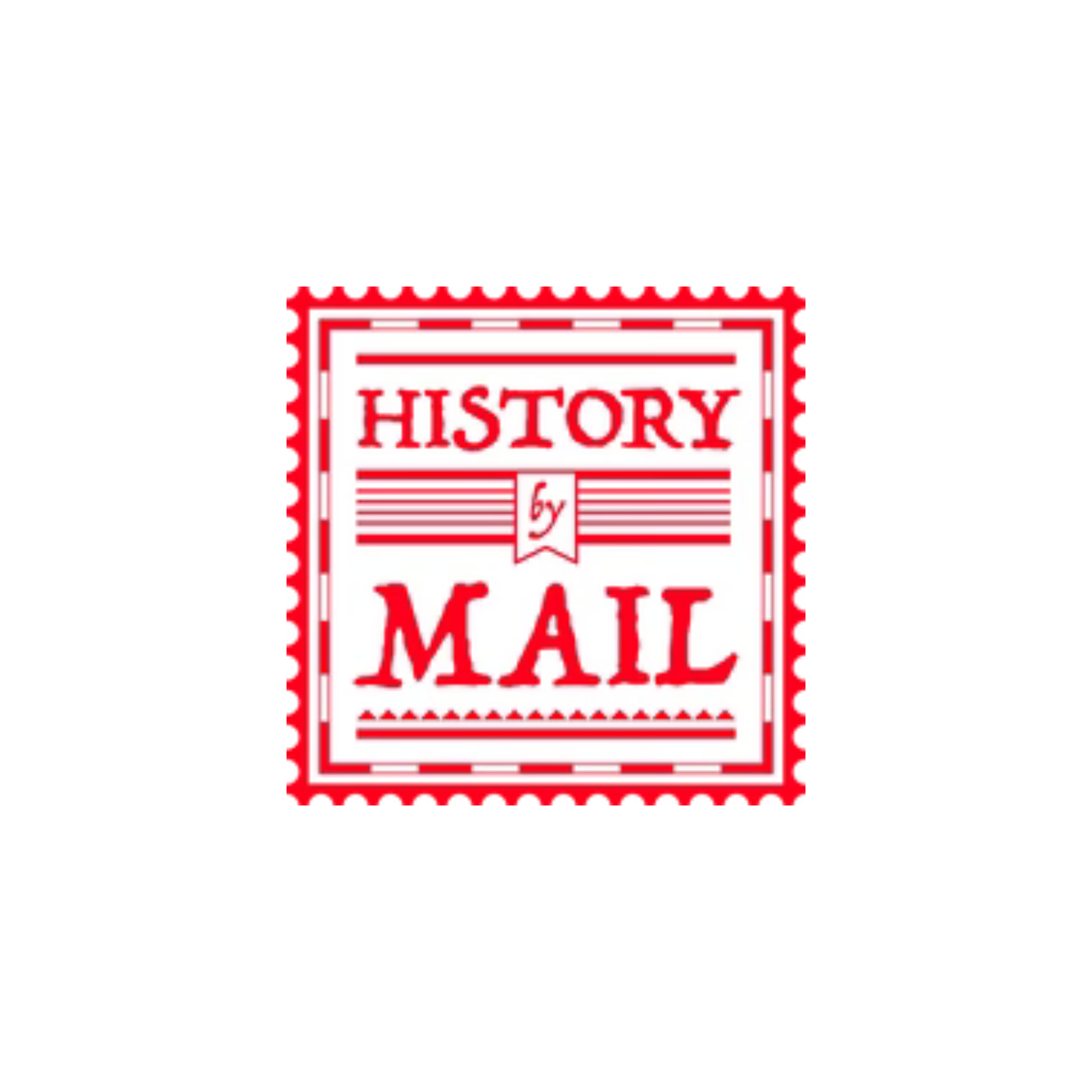 Stamp logo for "History by Mail" in red and white colors.