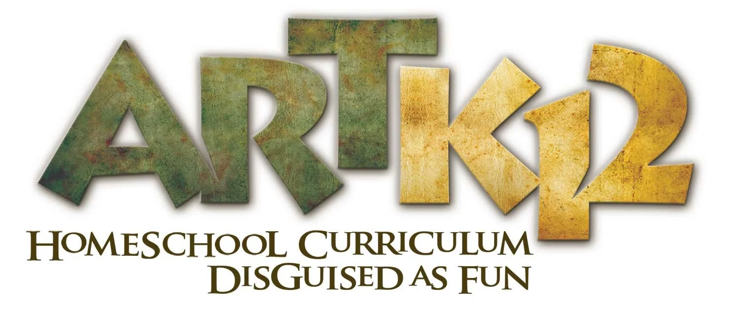 Logo for Ark2 Homeschool Curriculum Disguised as Fun, with large, textured letters spelling 'ARTK12' and the subtitle below.