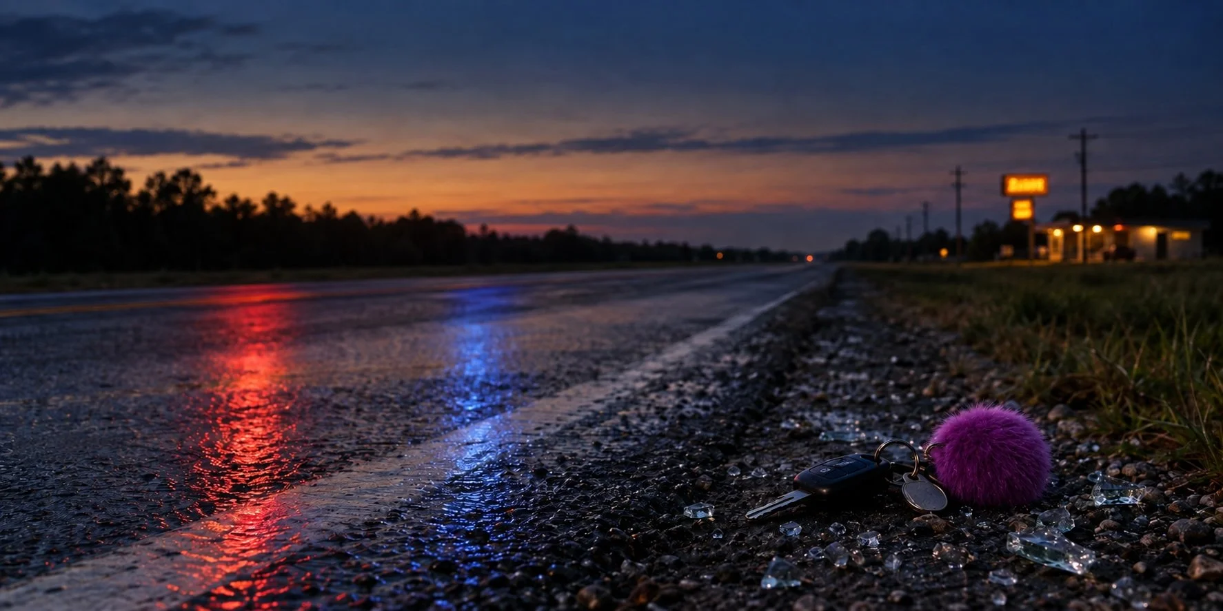 Car keys and broken glass on a highway shoulder at dusk as red and blue emergency lights reflect on wet pavement