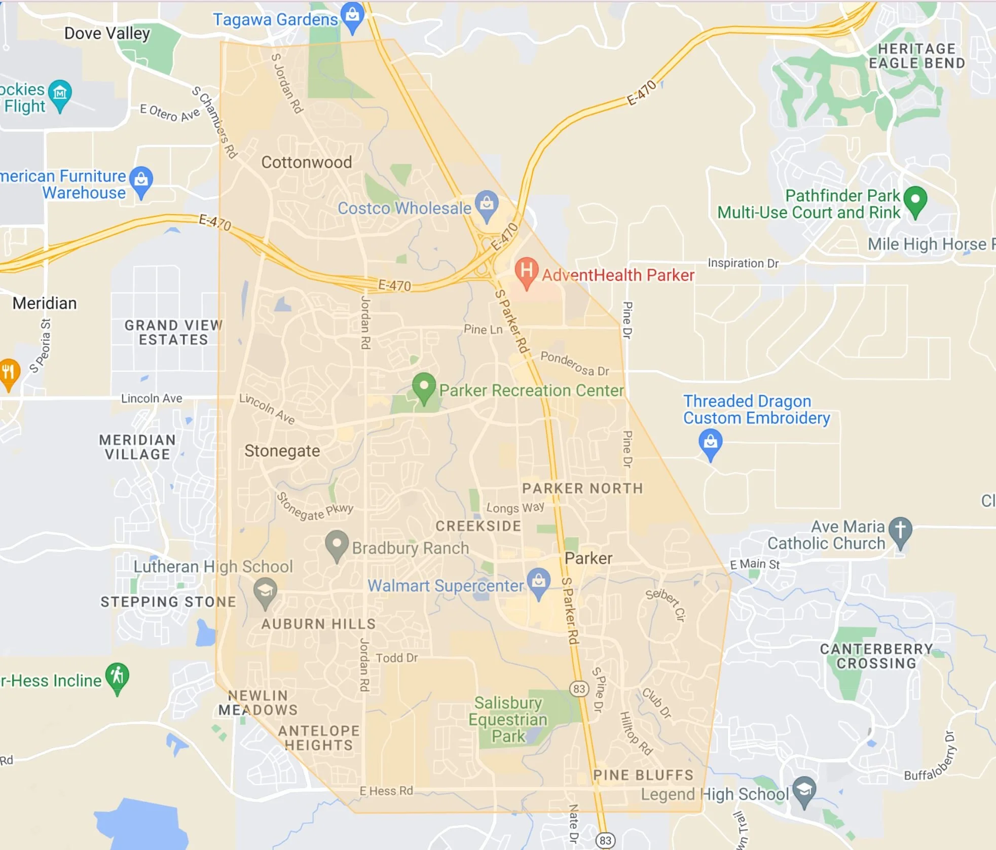A section of a digital map showing neighborhoods, highways, and landmarks in Parker, Colorado, including Parker Recreation Center, Pathfinder Park, and Costco Wholesale, with surrounding areas and roads.