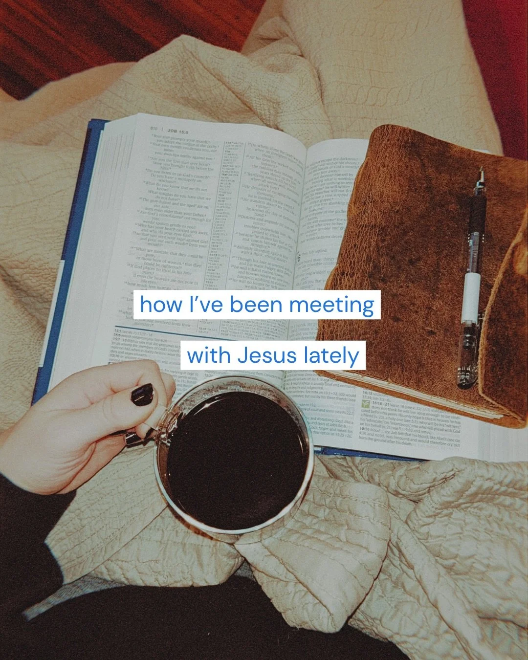 All time with Jesus is good time with Jesus.

Here are some things I&rsquo;ve been doing for the last few months:

🚶&zwj;♀️ going on walks
🎵 singing
📖 taking my Bible everywhere
☕️ coffee #2
🪑 moving around
📝 journaling on my phone
🧎🏼&zwj;♀️&z