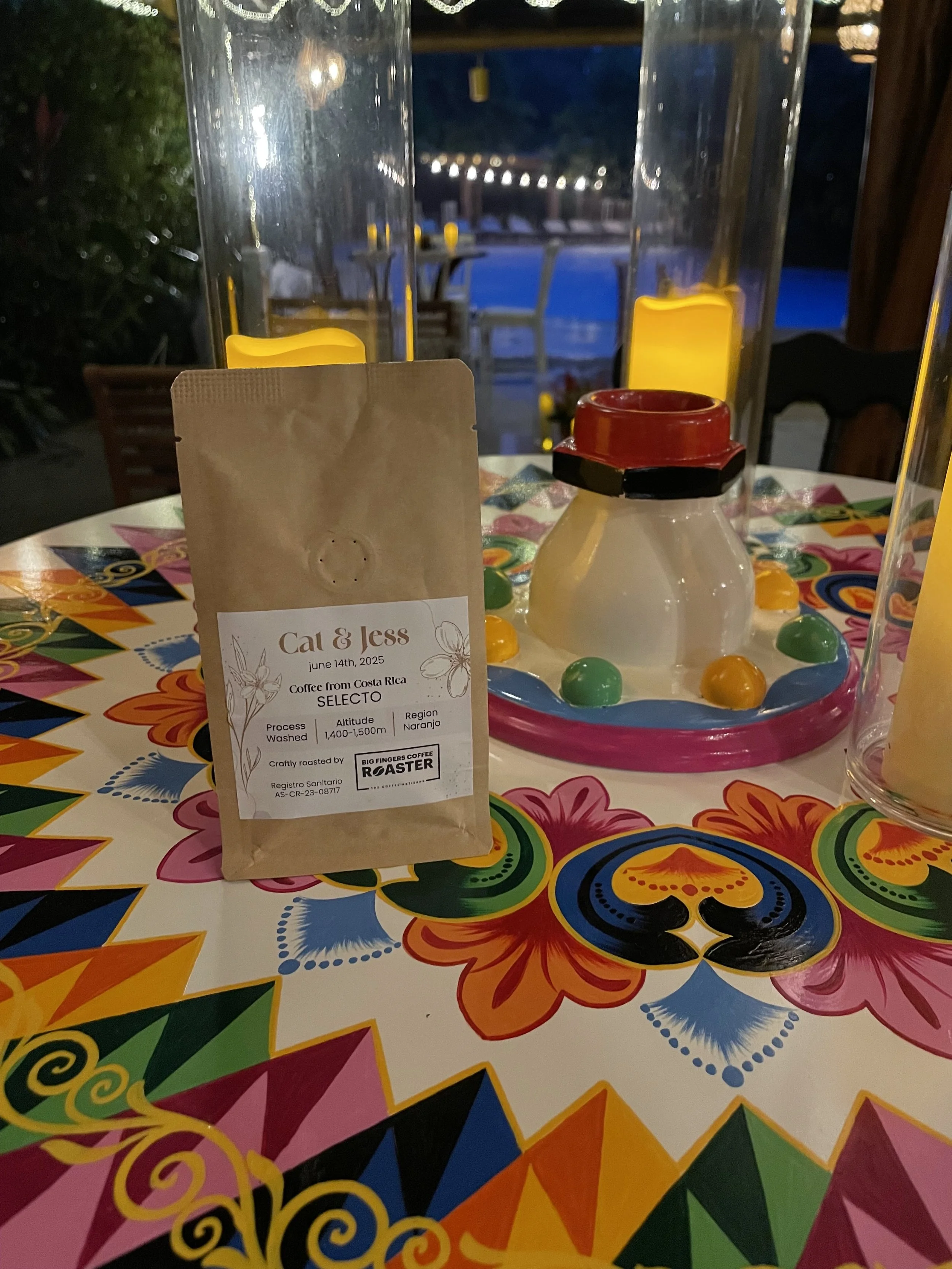 Personalized welcome gifts for your guests, like Cat & Jess's coffee bags