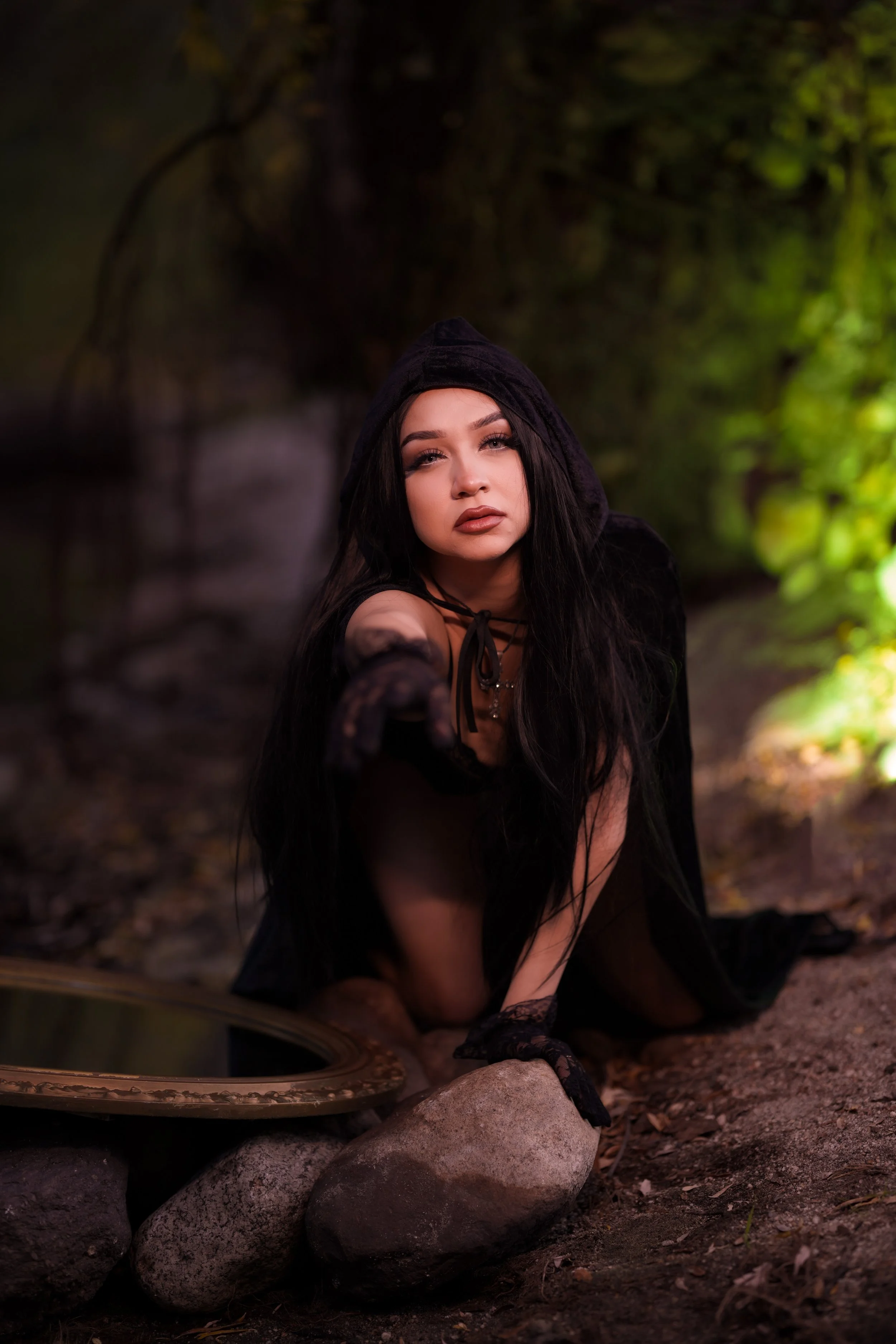 Halloween-themed creative portrait photoshoot in Idyllwild California forest
