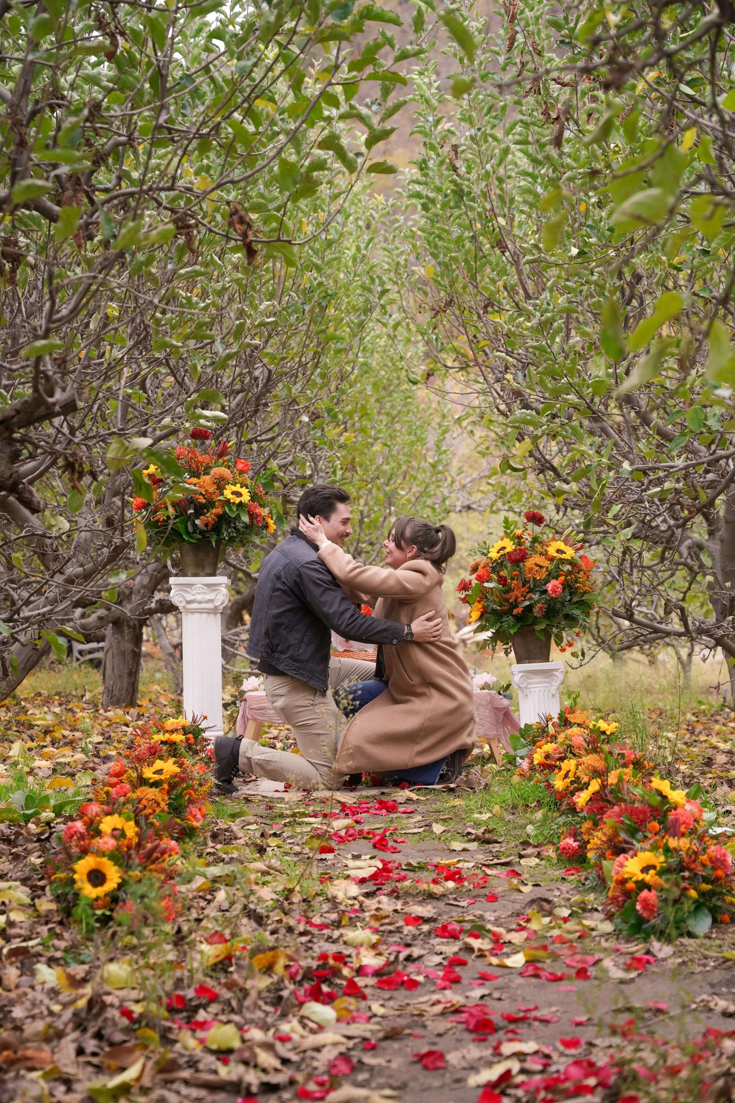 Romantic Floral Walkway for Proposal in Oak Glen Apple Orchard