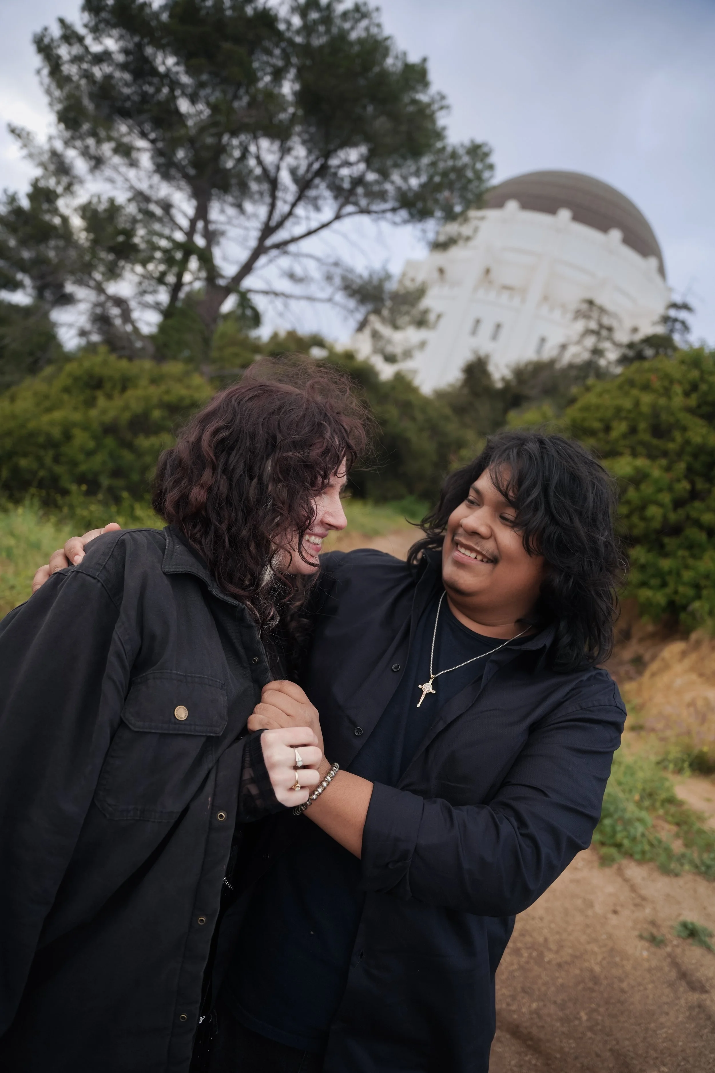 Engaged Couple on Griffith Observatory Trails with Dome Backdrop