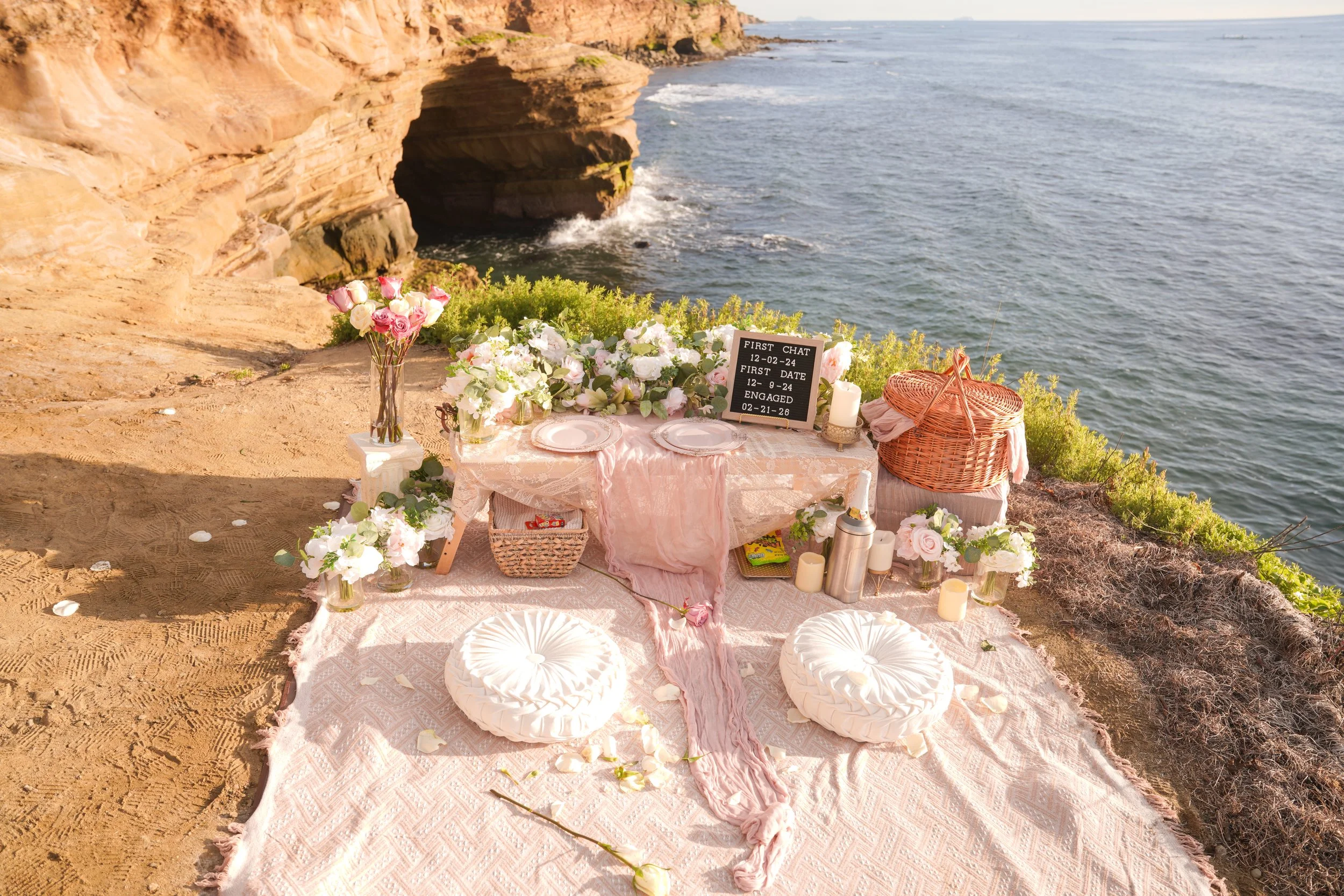 Sunset Cliffs Boho Picnic Proposal Experience with Photography