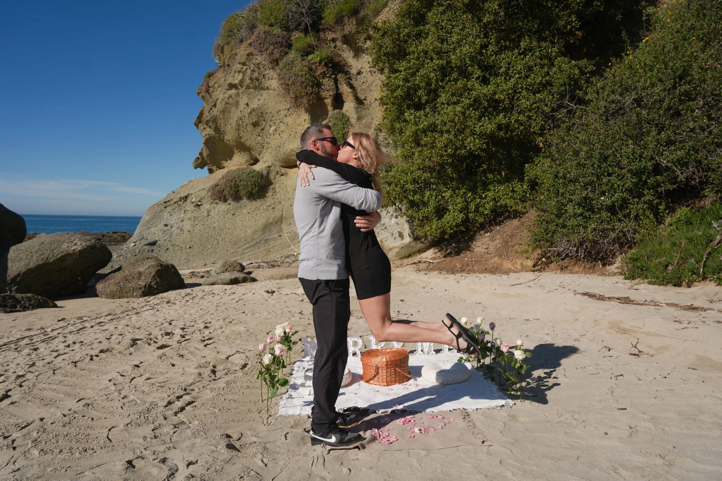 Marry Me Beach Picnic Proposal Setup in Laguna Beach