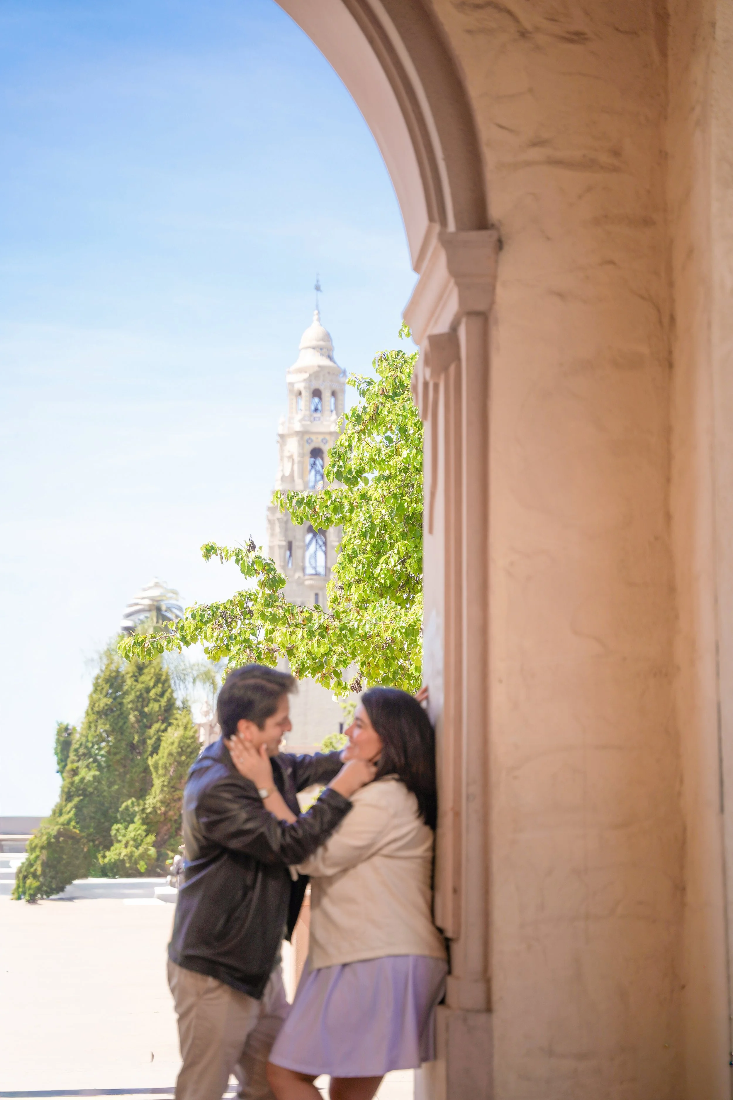 Scenic engagement photography around Balboa Park