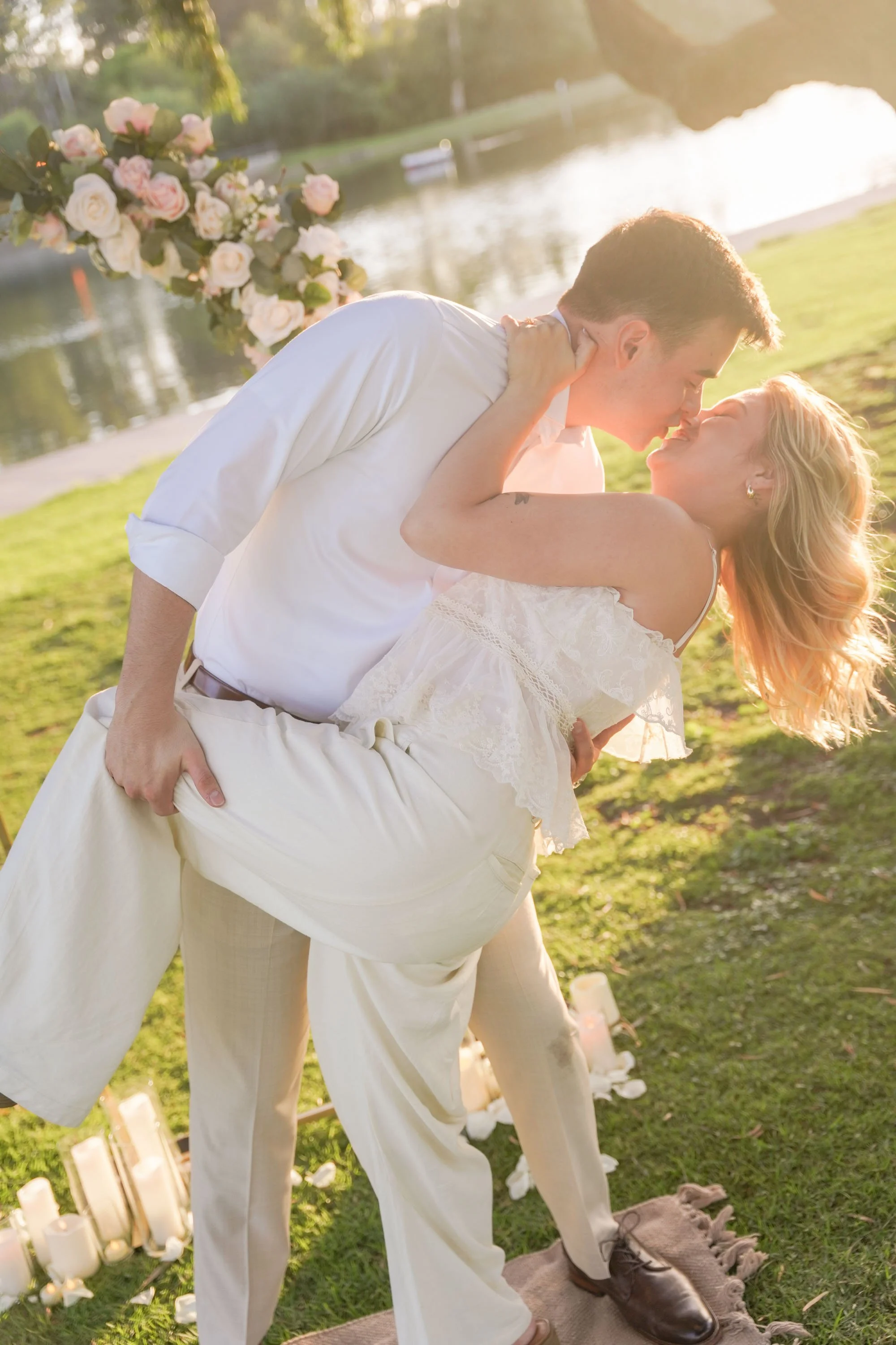 Orange County Surprise Proposal Under Willow Trees with Signature “Yes” Setup