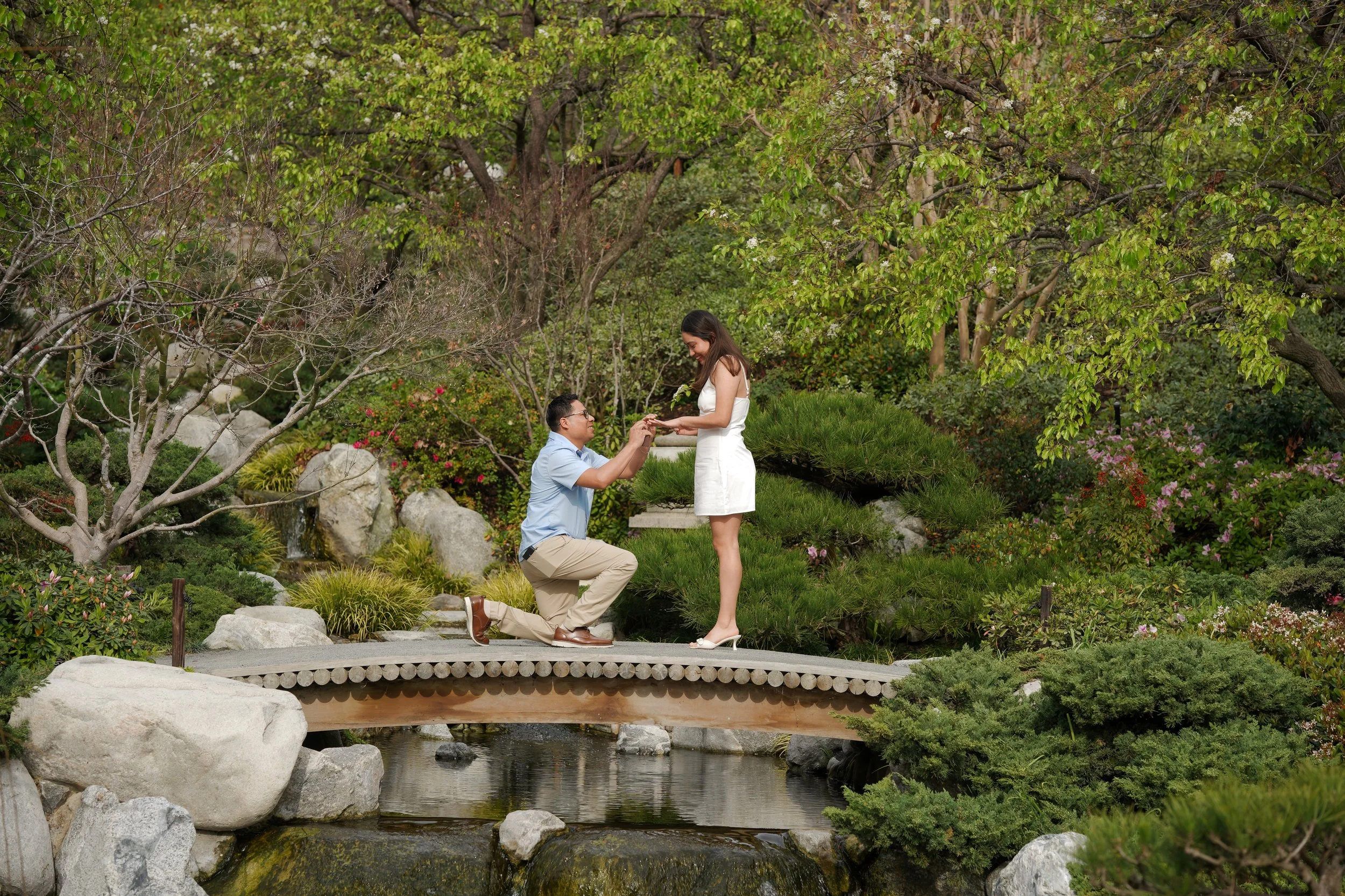 Efrain and Areli celebrating their surprise proposal at the Japanese Friendship Garden in Balboa Park captured by a San Diego surprise proposal photographer
