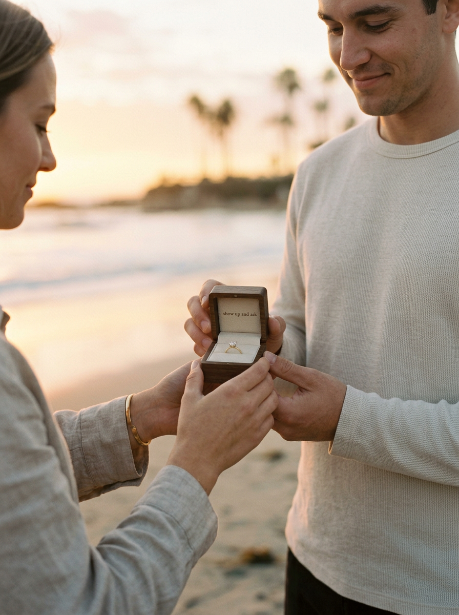 Surprise proposal moment in Southern California, discreetly photographed as the client arrives, gets down on one knee, and asks the question.