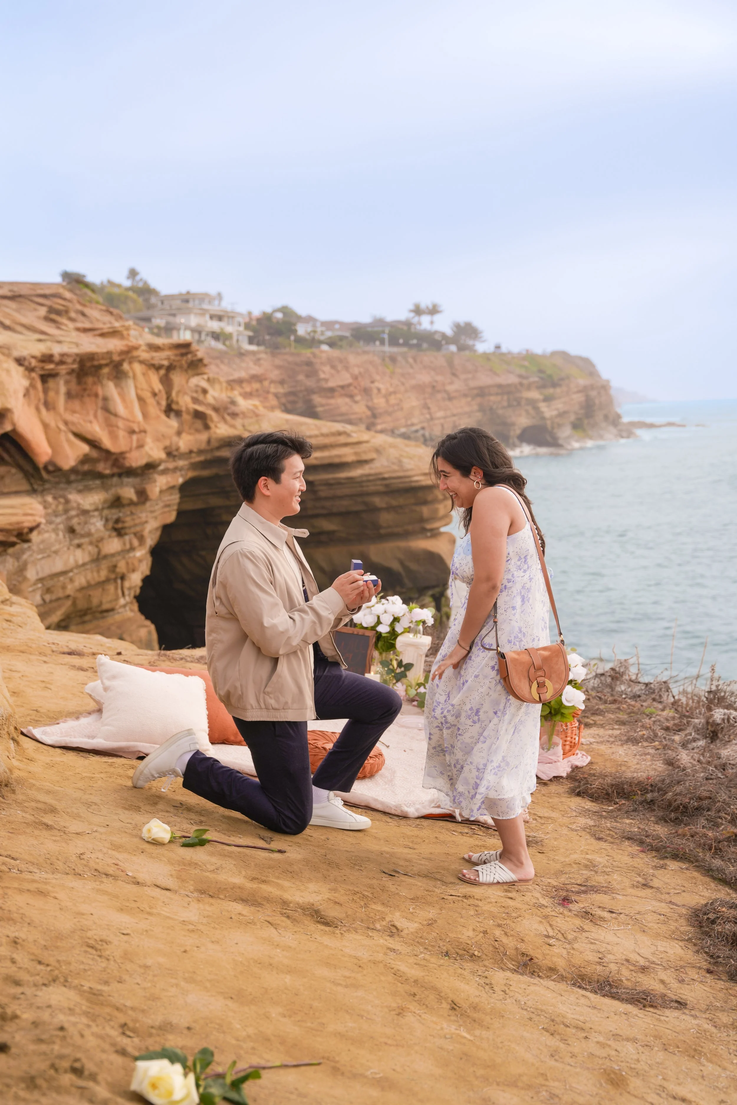 A boho picnic surprise proposal at Sunset Cliffs, San Diego, photographed during golden hour with timeless coastal views.