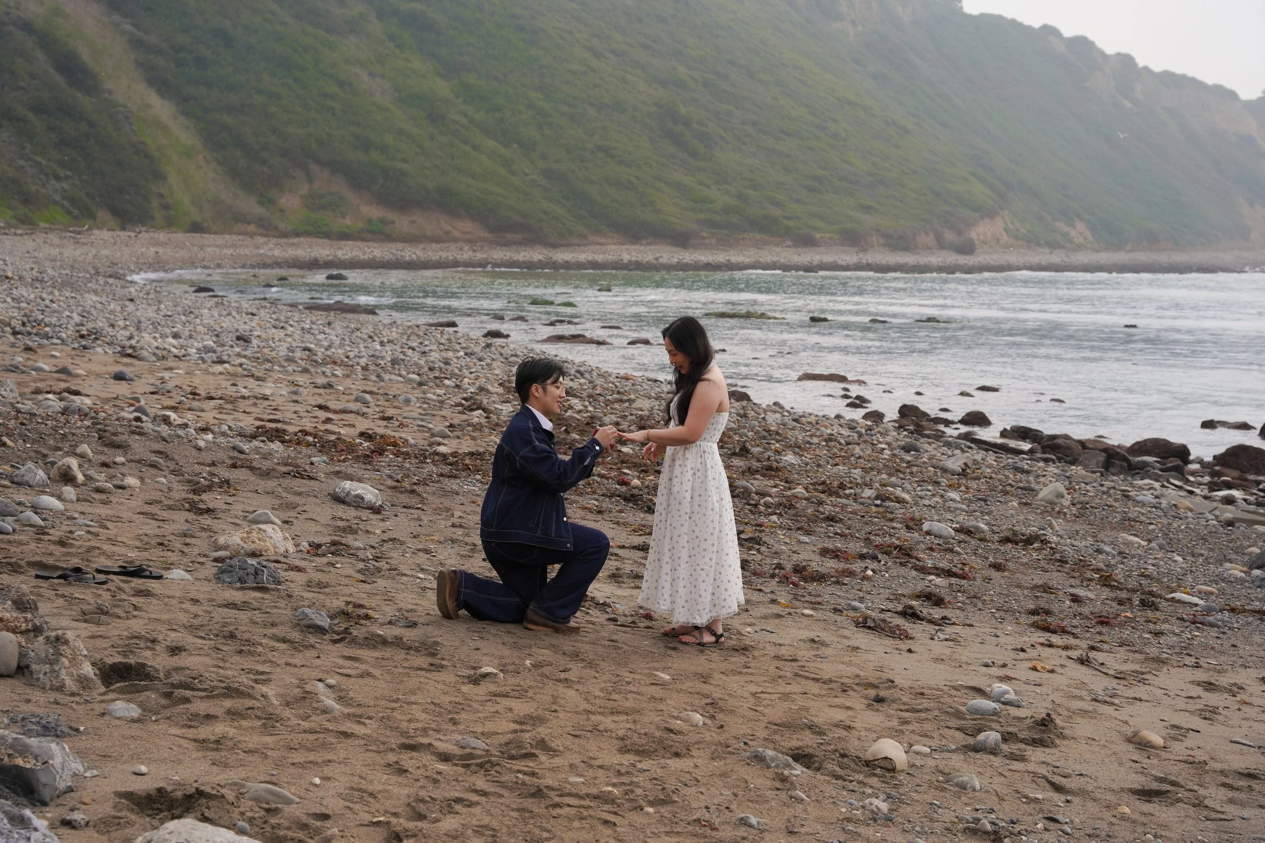 Johnny drops to one knee during a surprise proposal at Palos Verdes Estates along the Bluff Trail, with the Pacific Ocean, coastal cliffs, and Bluff Cove creating a dramatic sunset backdrop.