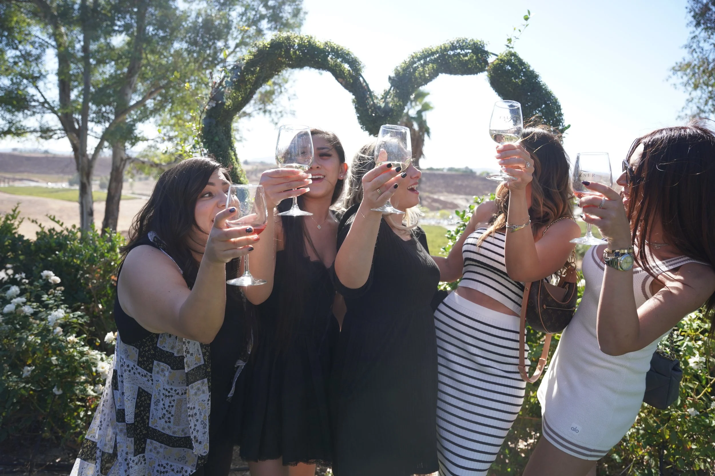 Group of girlfriends enjoying a wine tour at Falkner Winery in Temecula—cheering with wine glasses, sun on their faces, and rolling hills in the background. Captured during a girls day out with candid portrait photography that celebrates friendship,