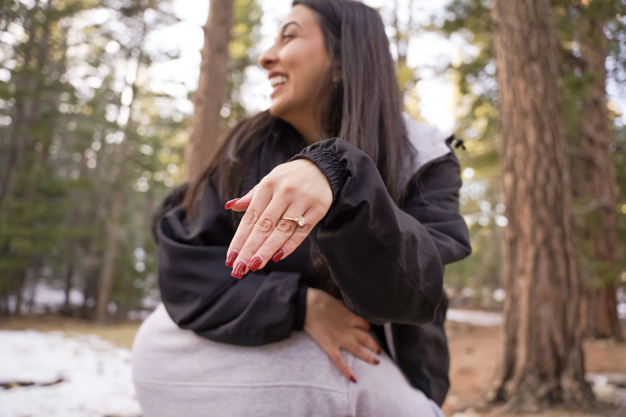 Surprise proposal at the Palm Springs Aerial Tramway inside Mount San Jacinto State Park, captured with natural mountain light and pine tree scenery