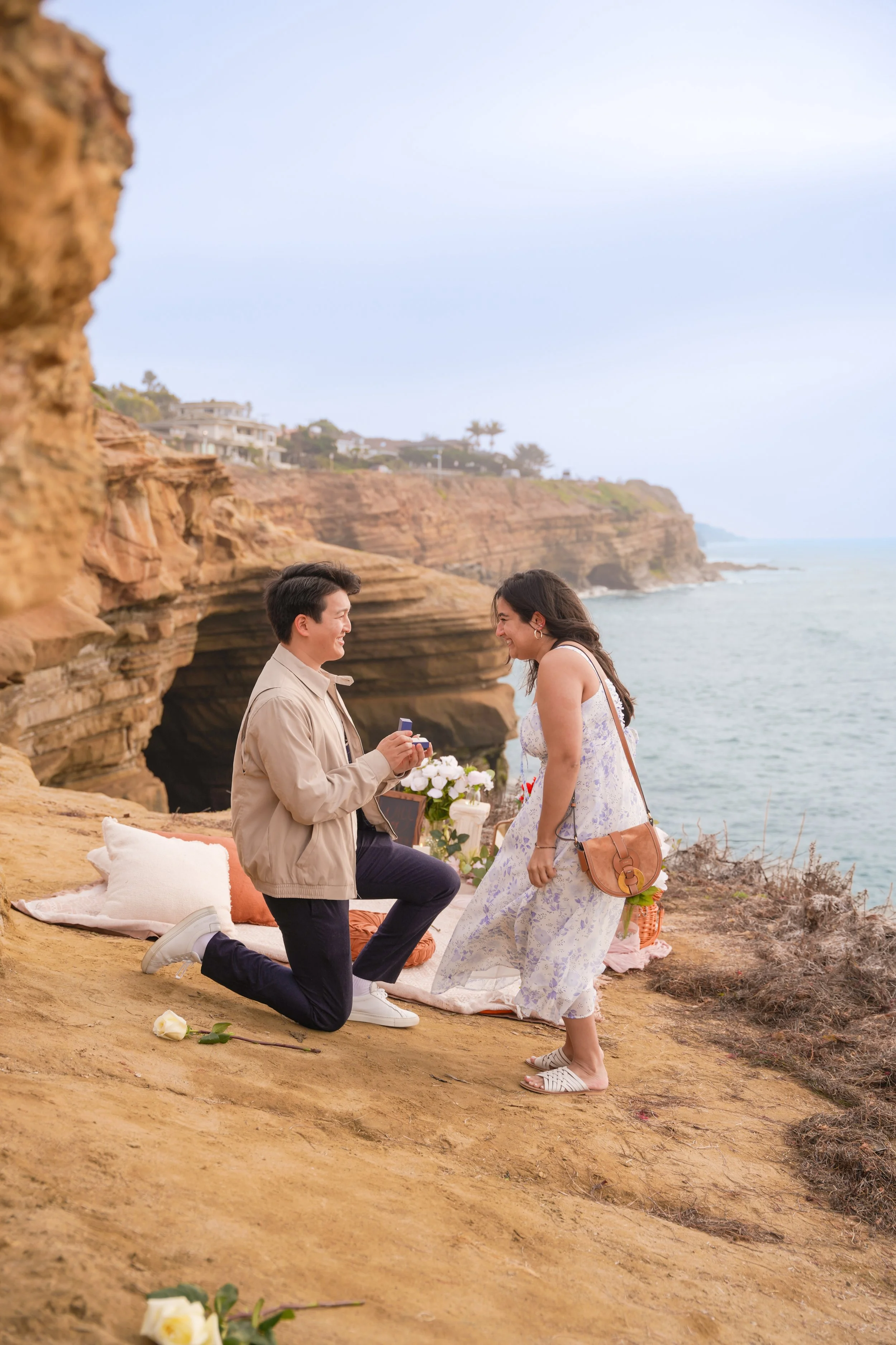 Surprise proposal photography at Sunset Cliffs, San Diego, where a boho picnic setup framed a once-in-a-lifetime yes.