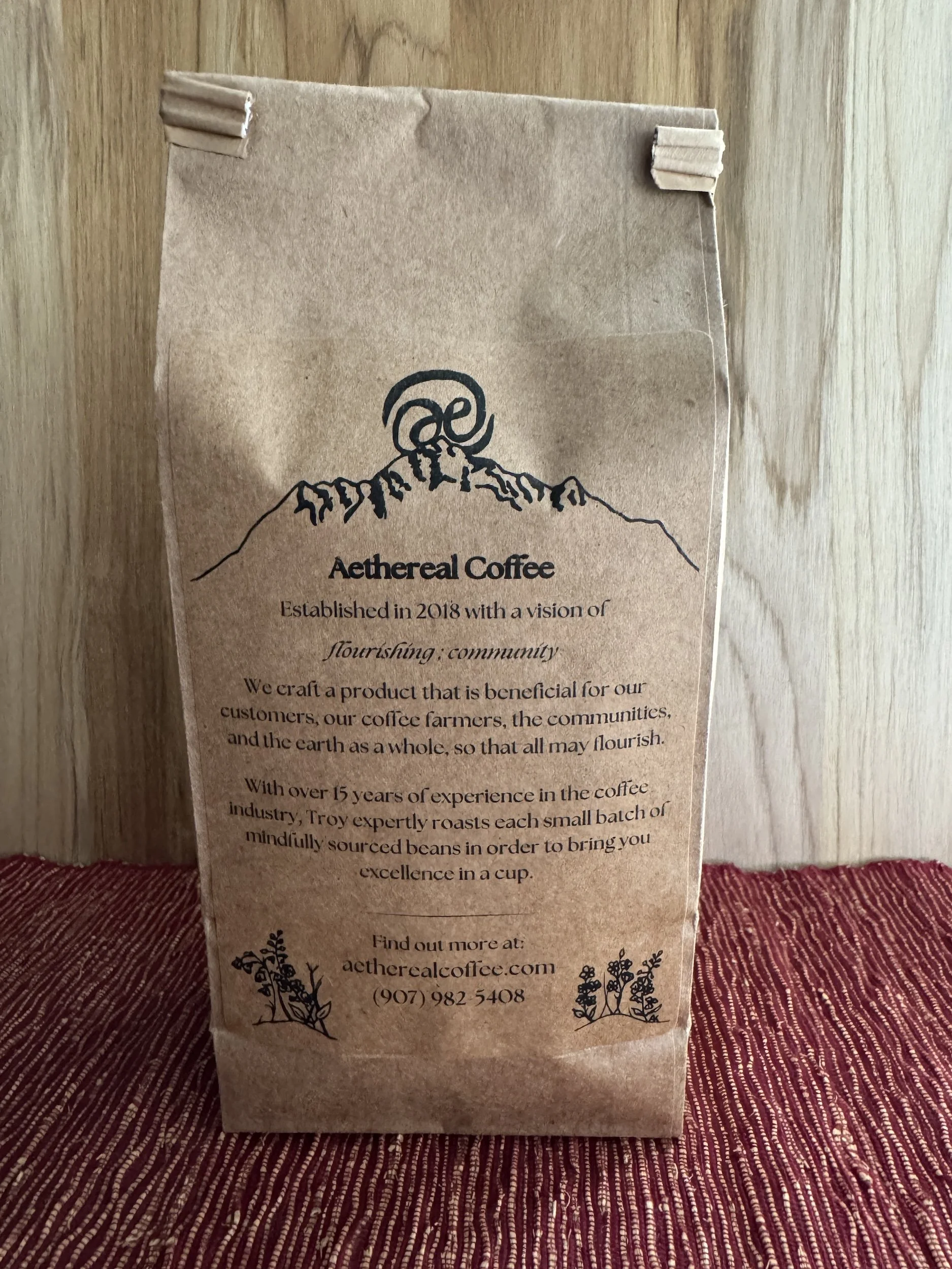 Photo of the back of a bag of fair trade and organic coffee beans. Jpg.
