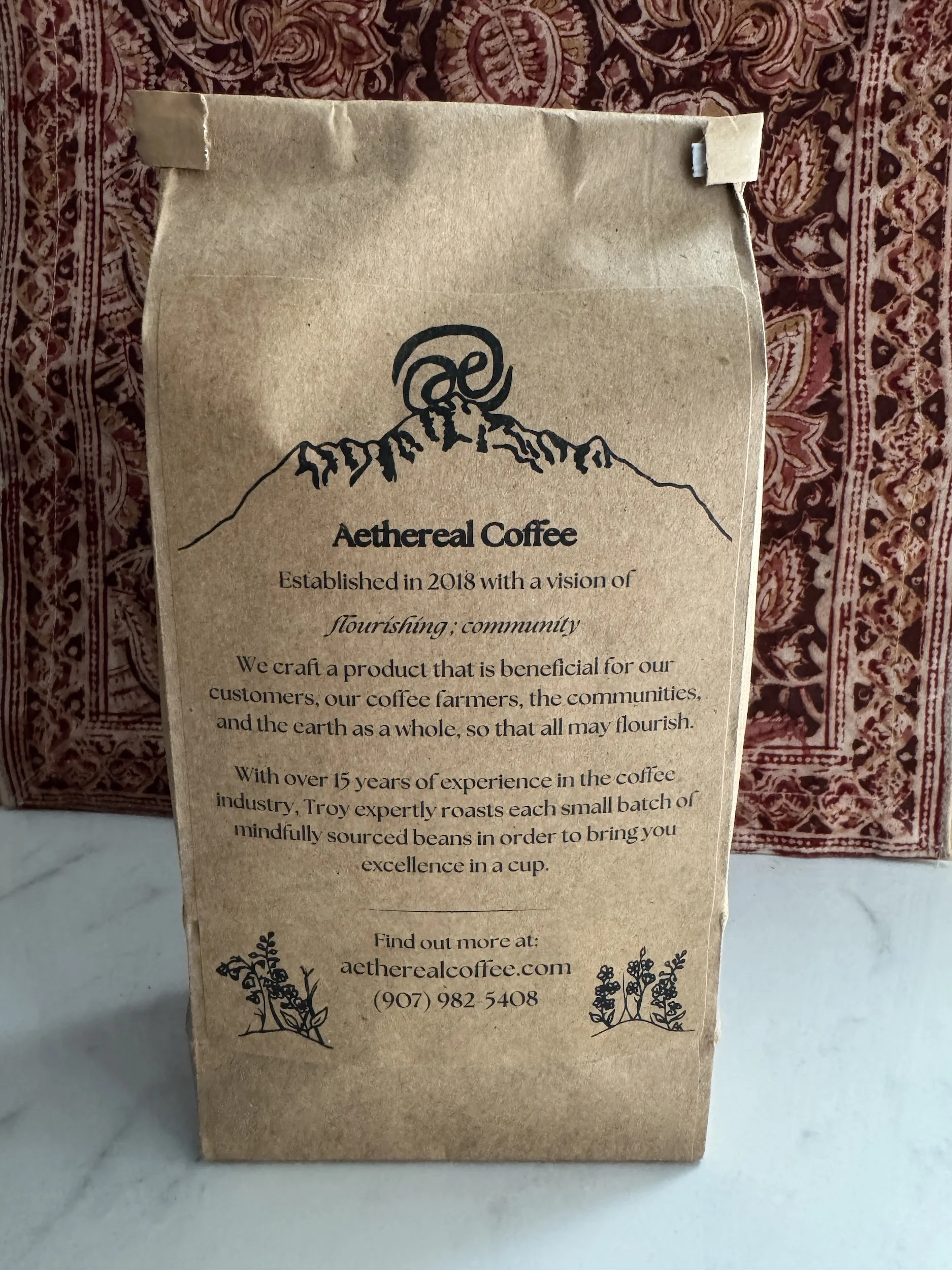 Photo of the back of a bag of fair trade and organic coffee. Jpg.