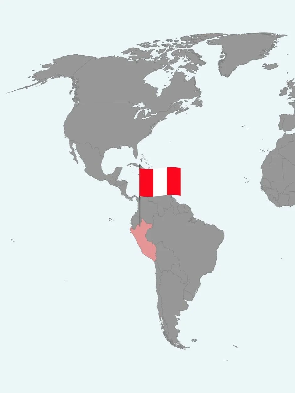 Graphic showing a pin of Peru on a world map for a fair trade organic coffee brands website. Jpg.