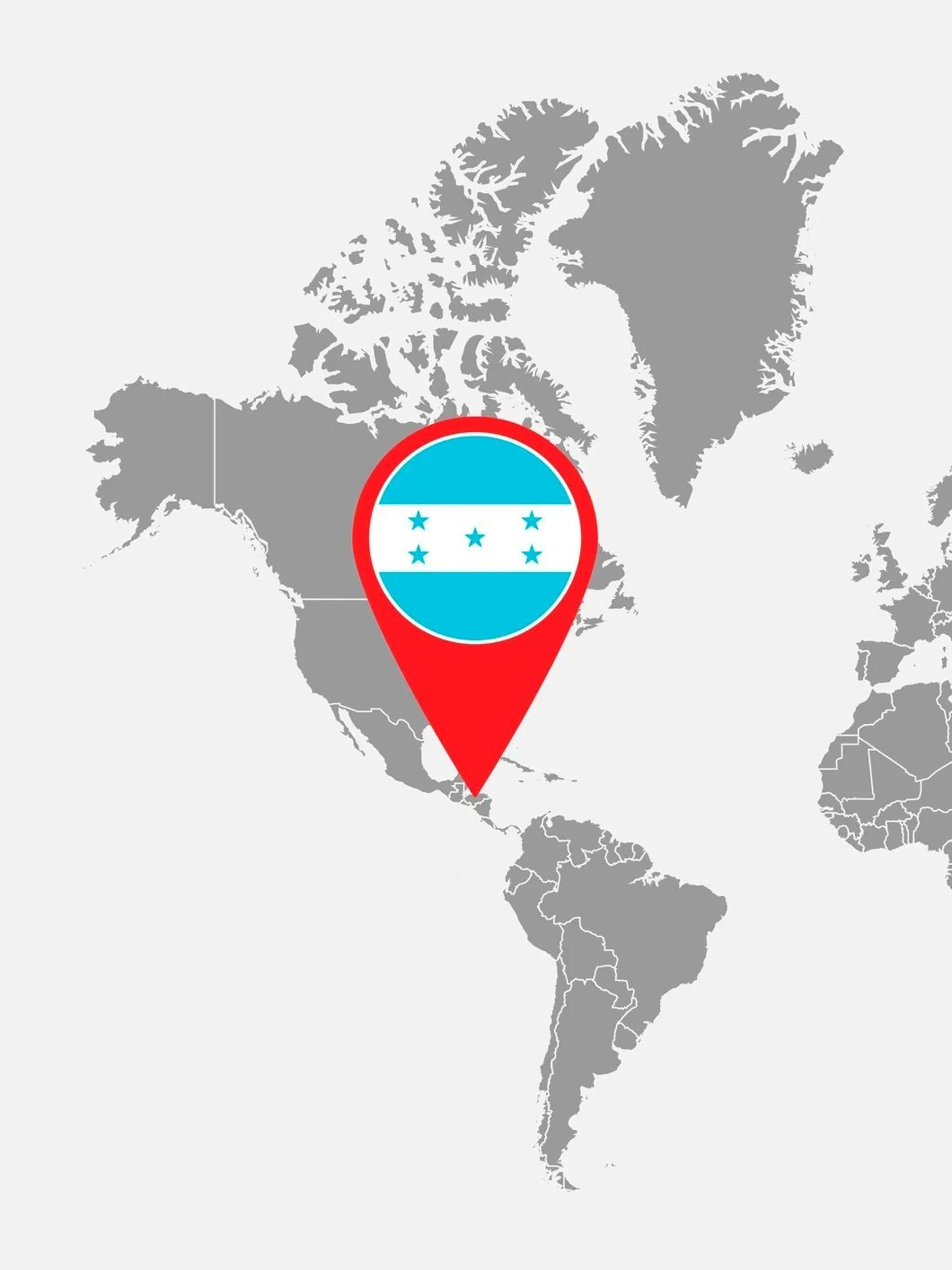 Graphic showing a pin of Honduras  on a world map for fair trade organic coffee. Jpg.