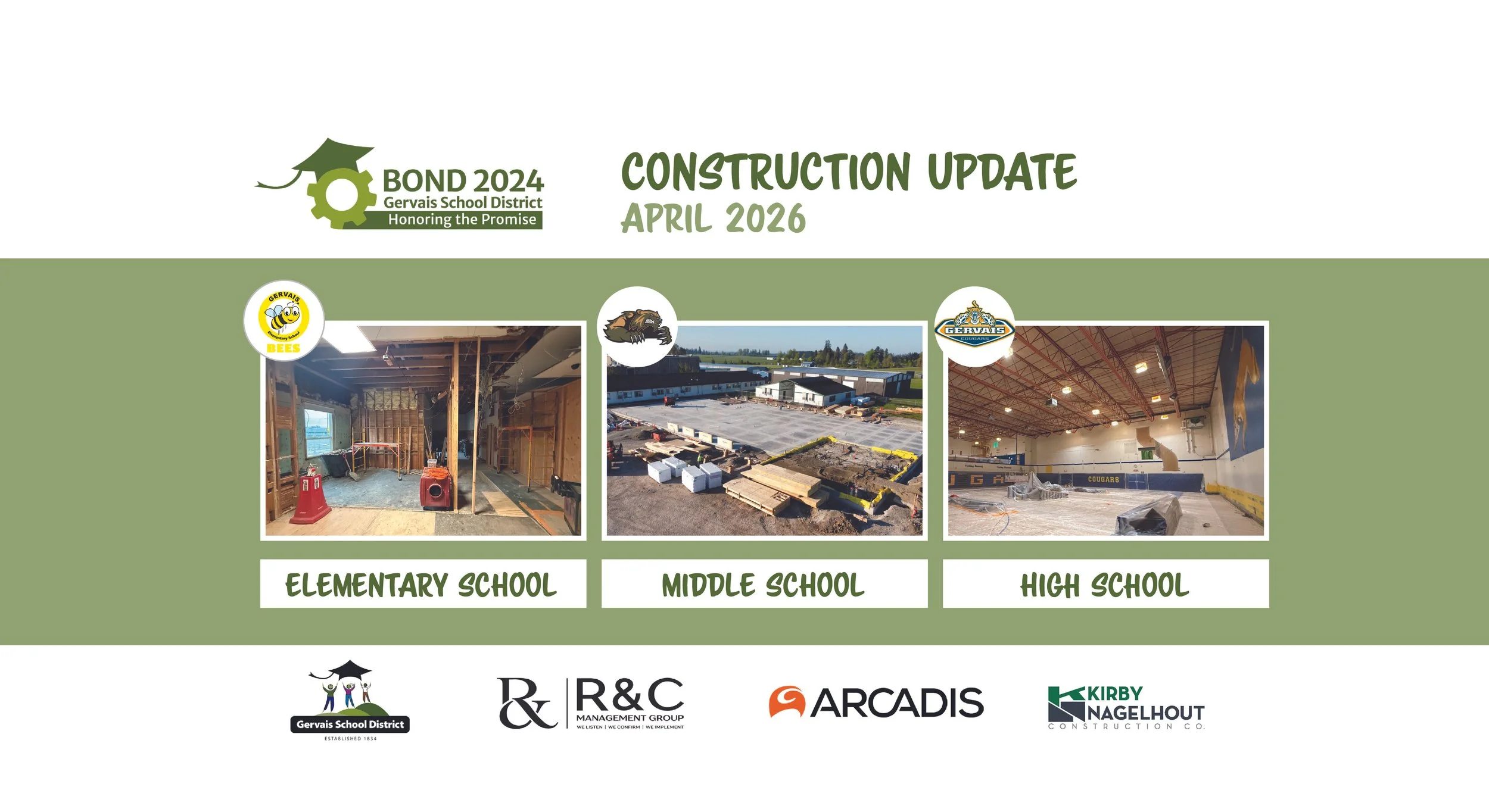 Gervais School District Bond 2024 Construction Update, April 2026. Three construction progress photos are displayed side by side.