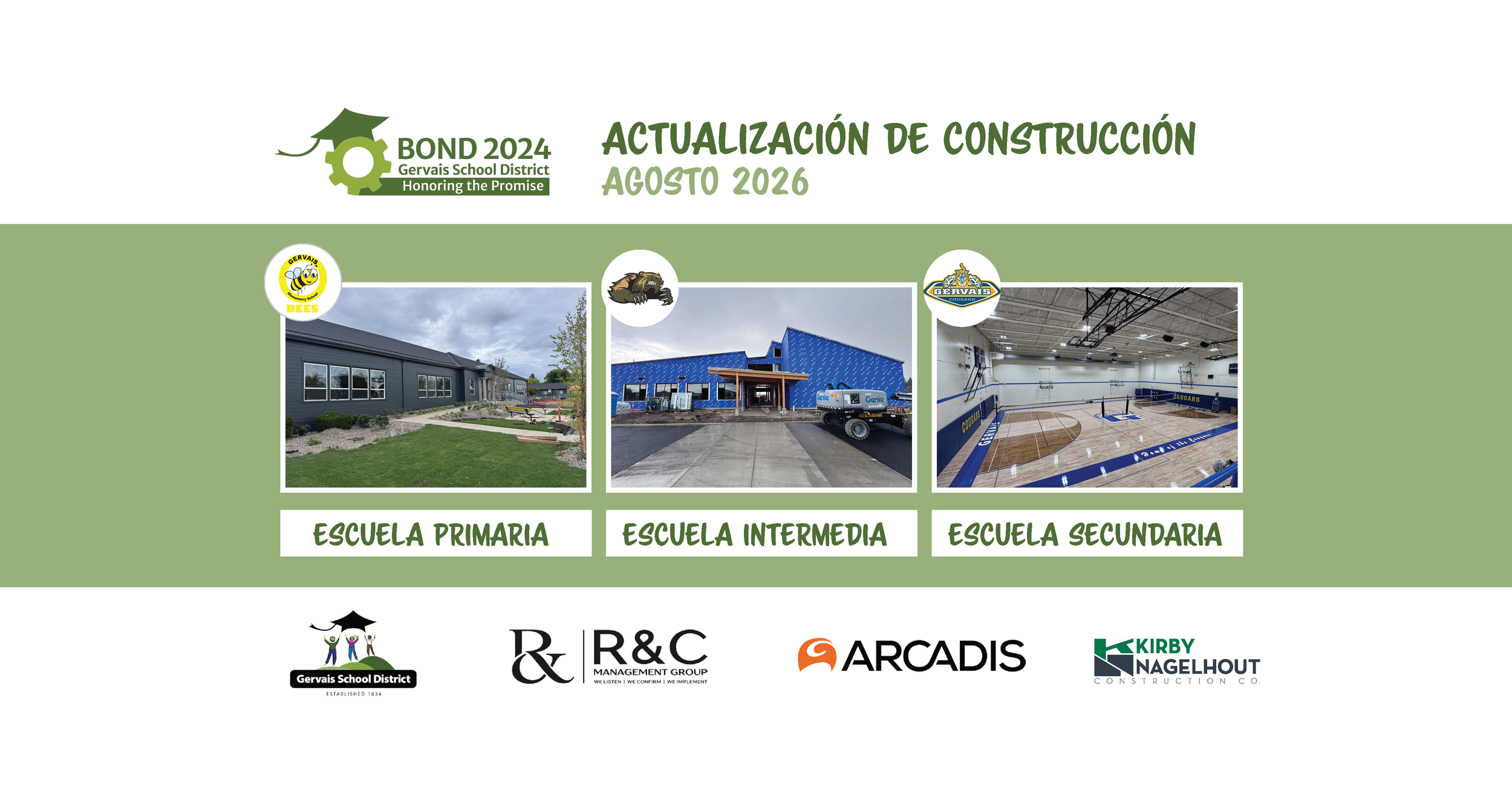 August 2026 Gervais Bond construction update with photos of the Elementary School exterior, Middle School under construction, and finished High School gym.