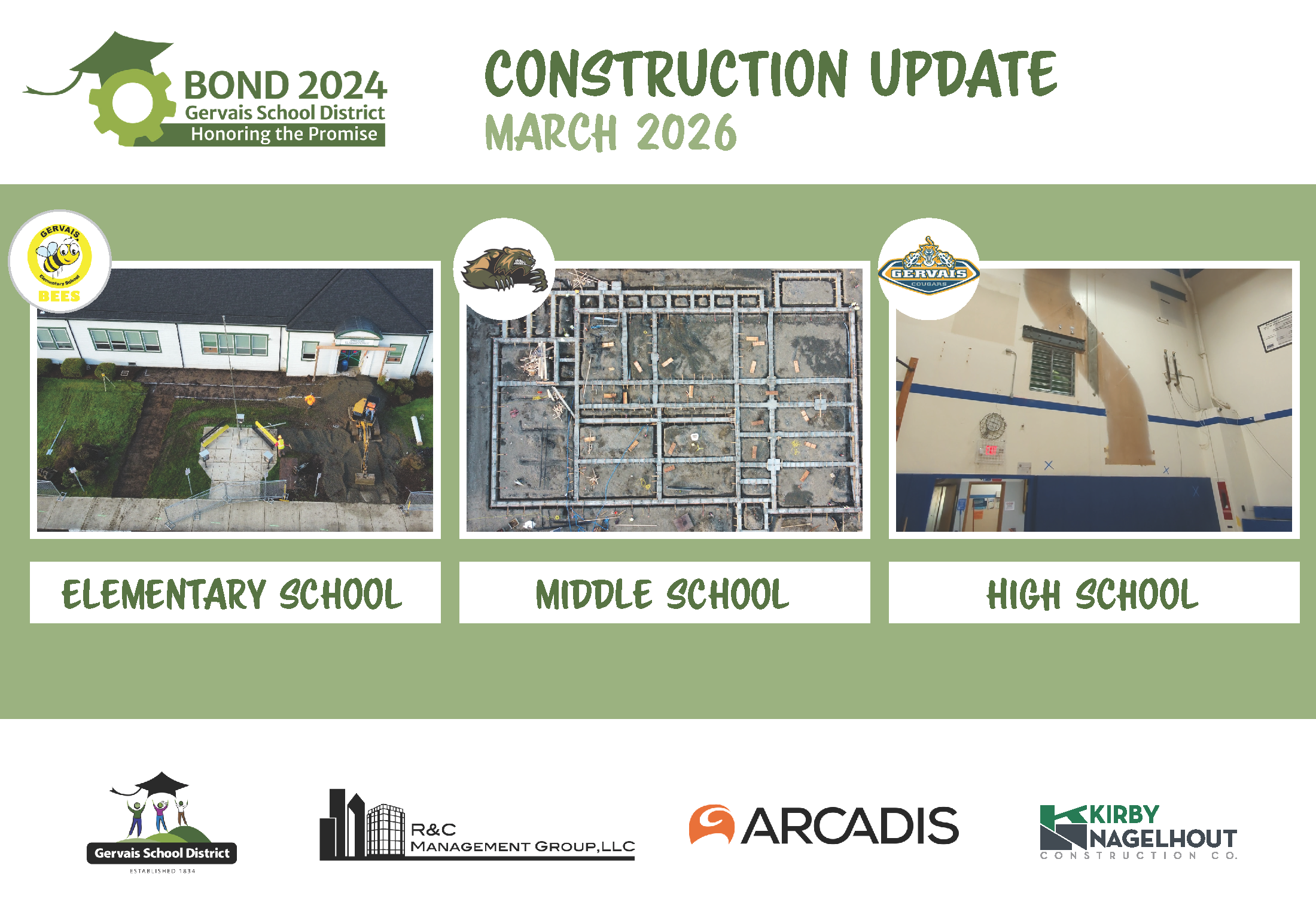 March construction update with one photo of progress for the three Gervais schools