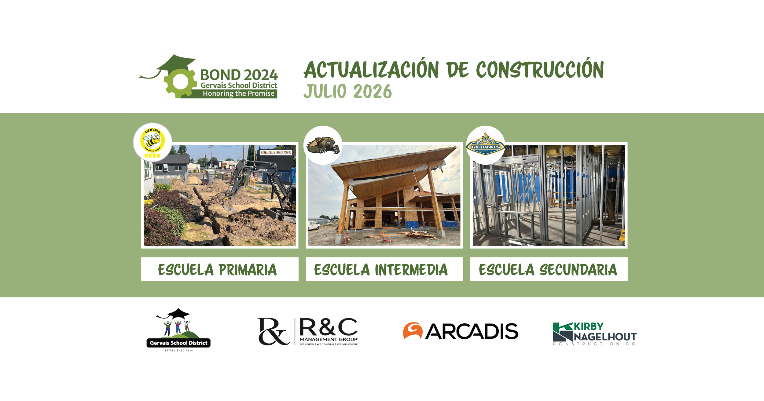 Gervais School District Bond 2024 construction update for July 2026, featuring three progress photos