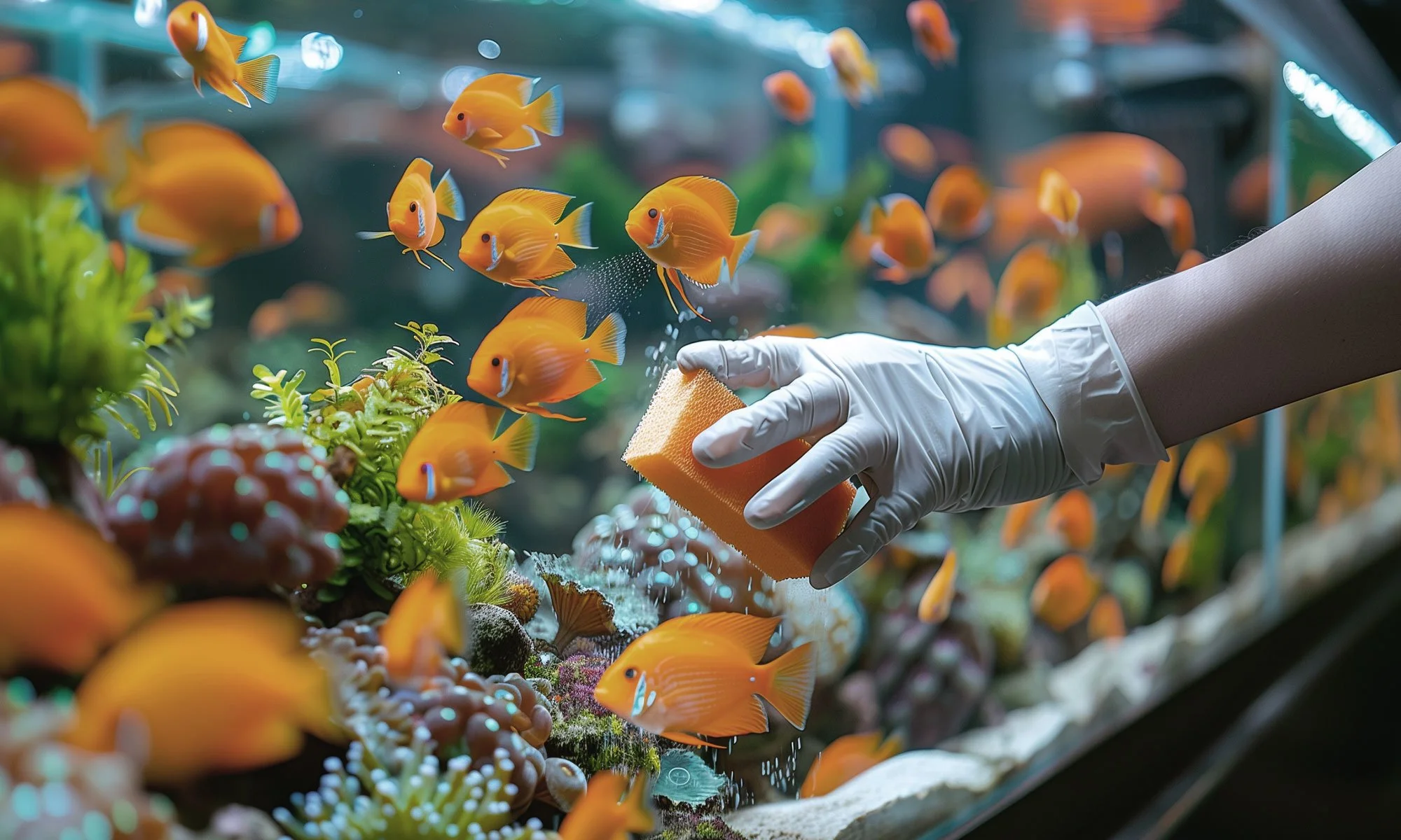 Aquarium mit orangen Zierfischen, Aquarium wird von Bio-Tierspitex gereinigt