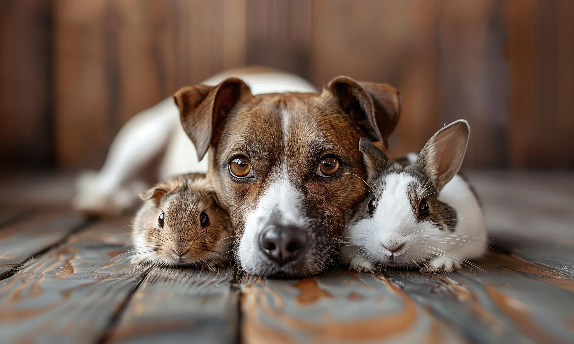 Ein braun weisser Hund mit Kaninchen und Meerschwein liegen auf einem Holzboden