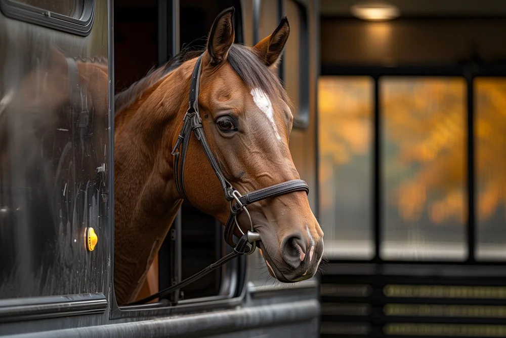 Pferd Oldenburger Wallach schaut aus Pferdeanhänger