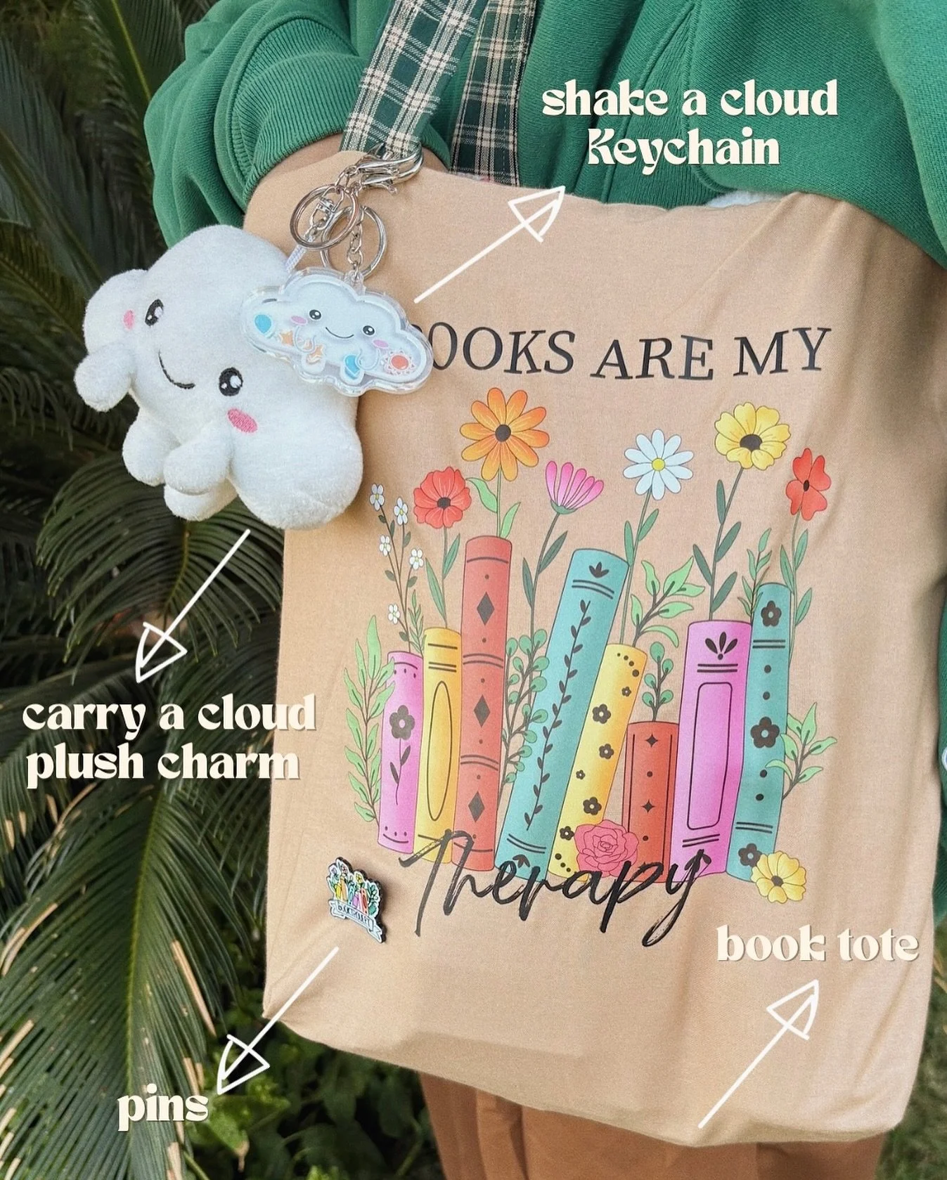 Because books are my therapy and clouds make it cozier ☁️📖

Featuring my favorite tote with a few little comforts attached &mdash; the Carry a Cloud Plush Charm and Shake a Cloud Keychain from @thecloudproject.co 💙

#bookish #booktote #cozyvibes #b