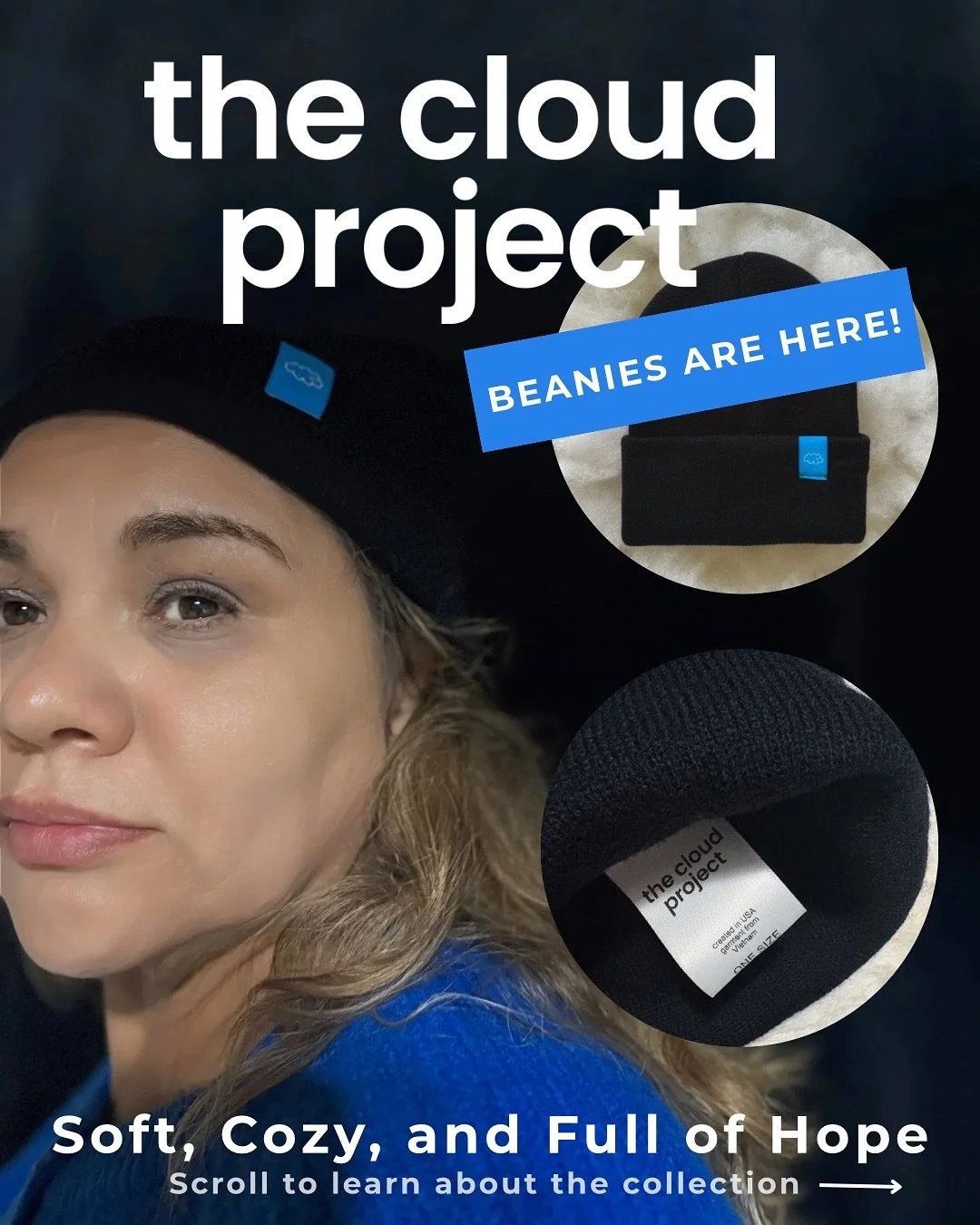 ☁️ BEANIES ARE HERE ☁️
Soft, cozy, and full of hope. 

Inspired by Marilyn, who found comfort in imagined clouds during childhood pain, our Head in the Clouds Beanie celebrates strength, healing, and transformation.

Every piece from The Cloud Projec