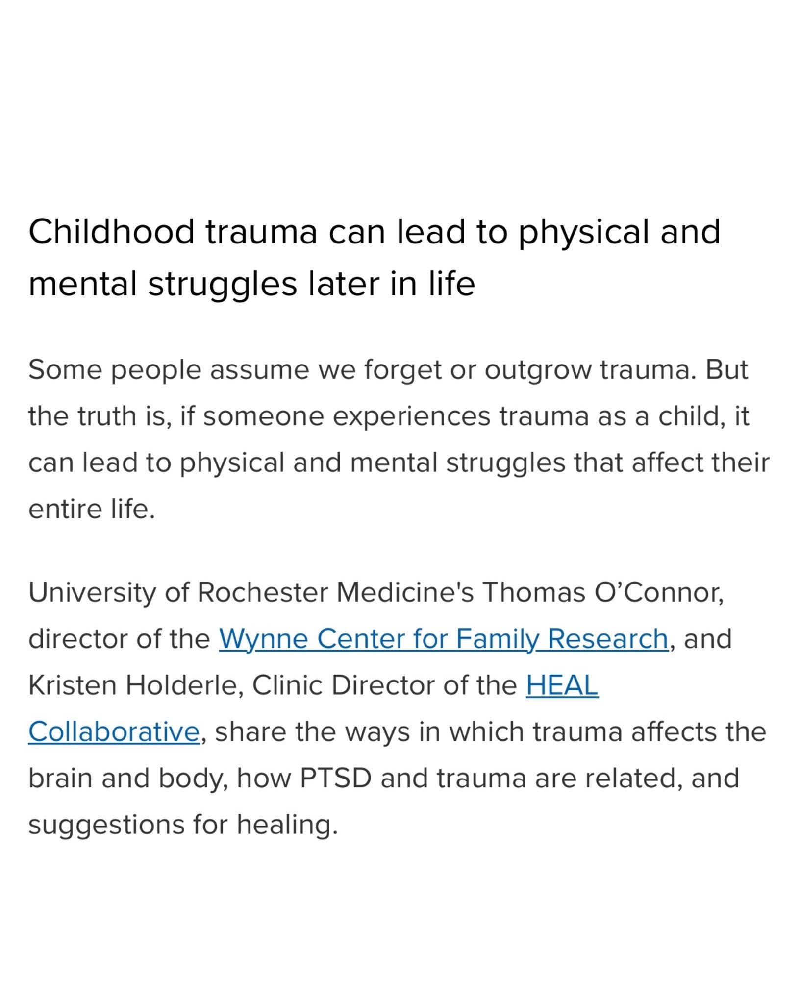 Many people think childhood trauma stays in the past.

Research suggests it can affect mental health, physical health, stress responses, and even the way we cope with challenges later in life.

The good news? Healing is possible, and support can make