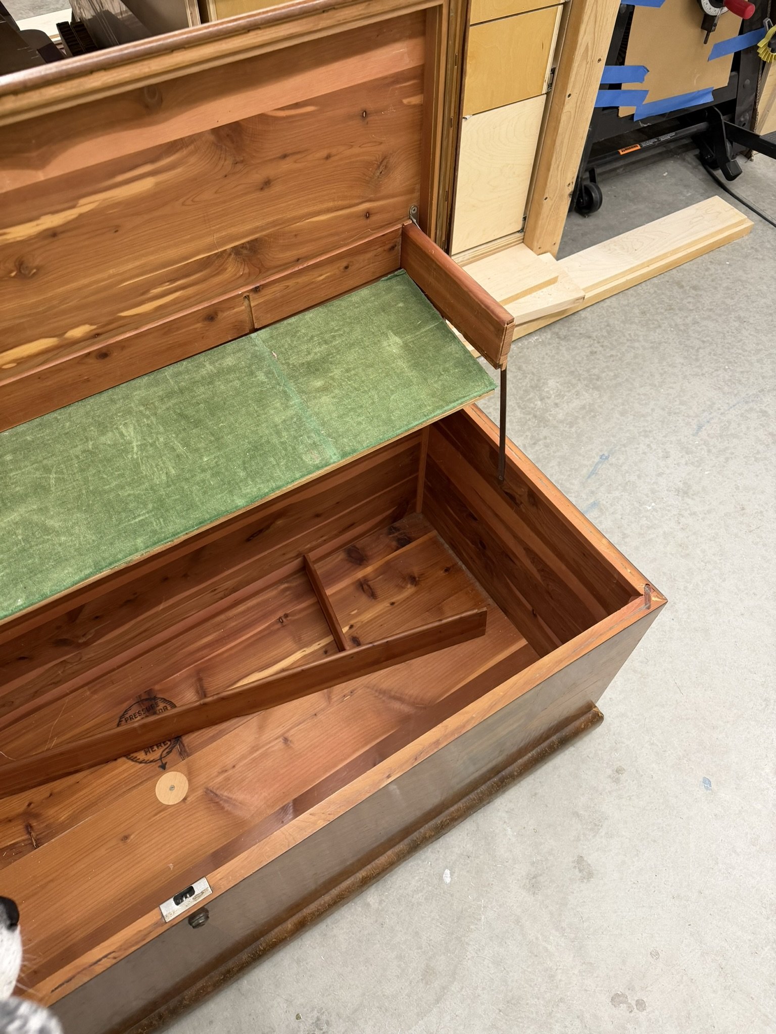 Interior View: Lane’s Classic Cedar Interior - 

Original red cedar interior still going strong after more than 70 years.  Lane was known for this signature feature, both aromatic and naturally pest-resistant.  The top tray, covered in vintage green 