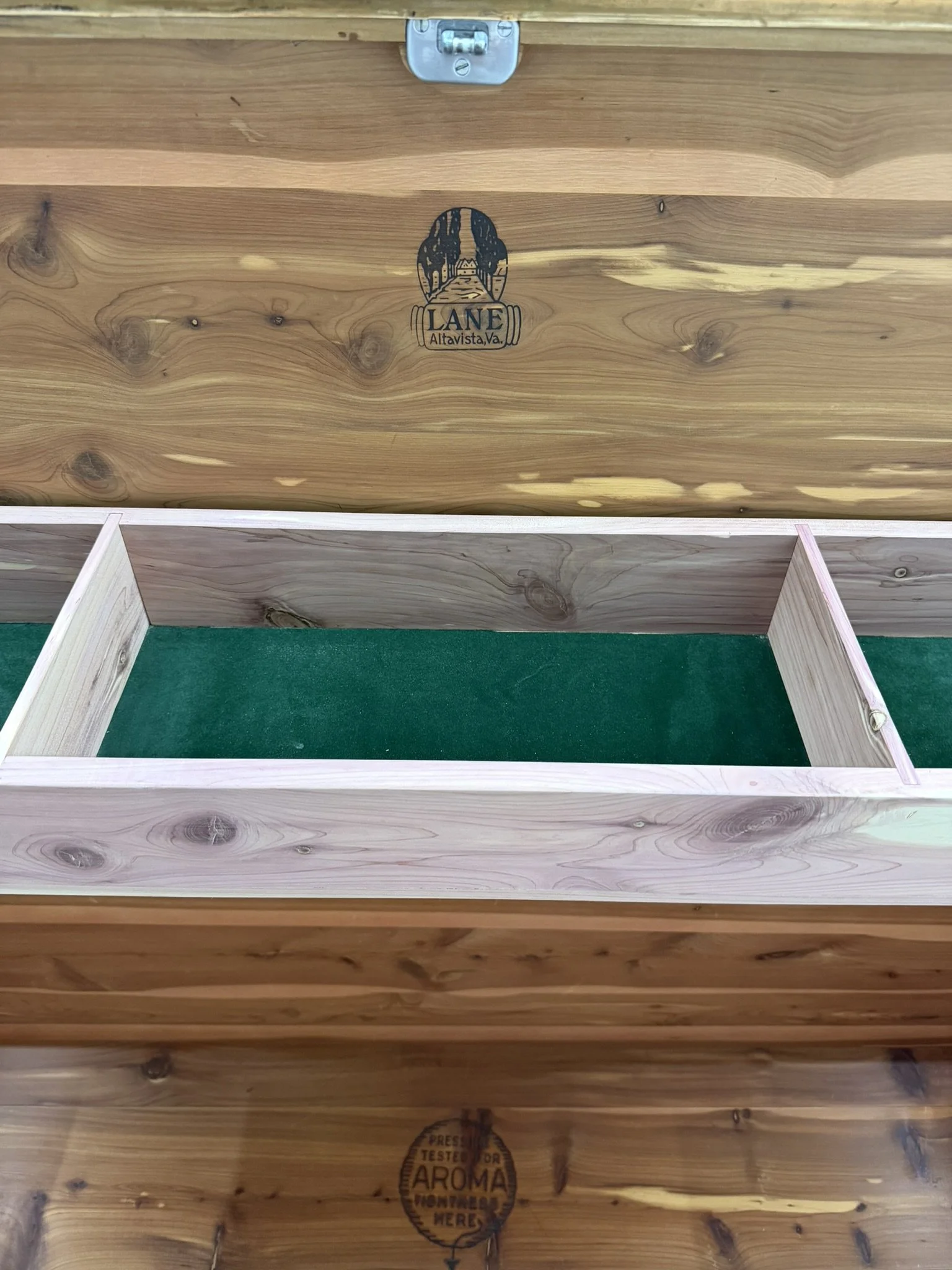 Final Fit and Finish - 

Shelf installed and divided into three compartments, blending fresh cedar with the original chest interior.  Velvet adds a luxurious feel while protecting keepsakes from abrasion.  The piece honors the Lane brand's original c