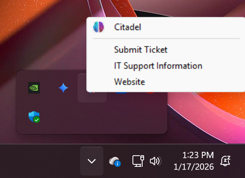Computer desktop with a pop-up menu from Citadel app showing options: Submit Ticket, IT Support Information, Website; the taskbar displays the time as 1:23 PM on January 17, 2026.