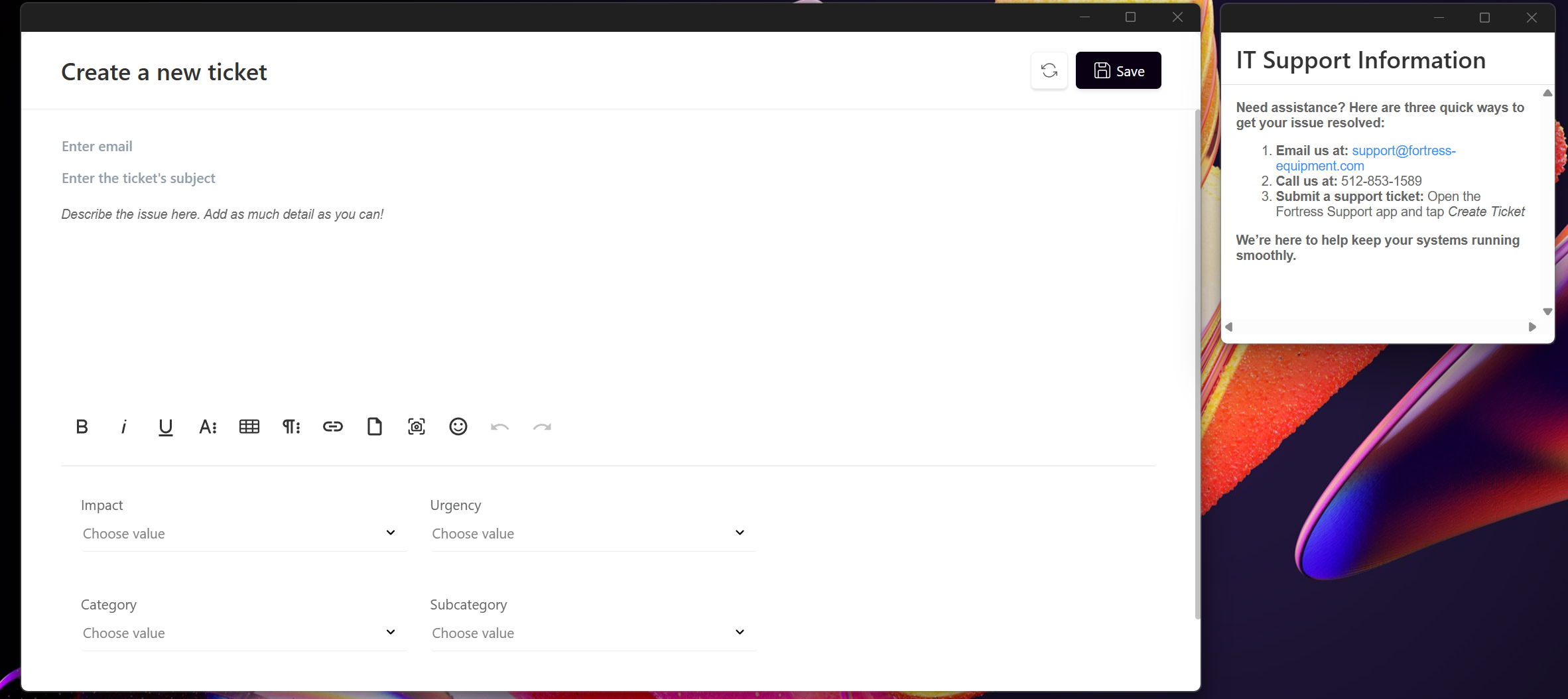 Open computer screen showing a support ticket form titled 'Create a new ticket' with fields for email, subject, impact, urgency, category, and subcategory, and a notification window titled 'IT Support Information' with contact details for support.