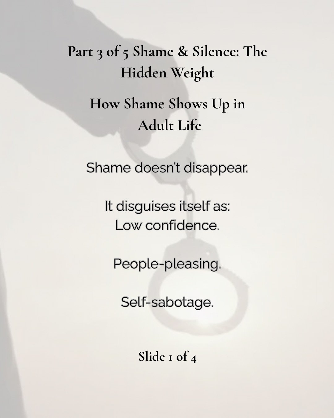 Are you always:
People-pleasing, unable to say no.
Staying small, out of the way.
Avoiding visibility.
Shrinking yourself in rooms.
Shame whispers, &ldquo;stay quiet.&rdquo;
I became the quiet peacekeeper. I thought staying small kept me safe and in 