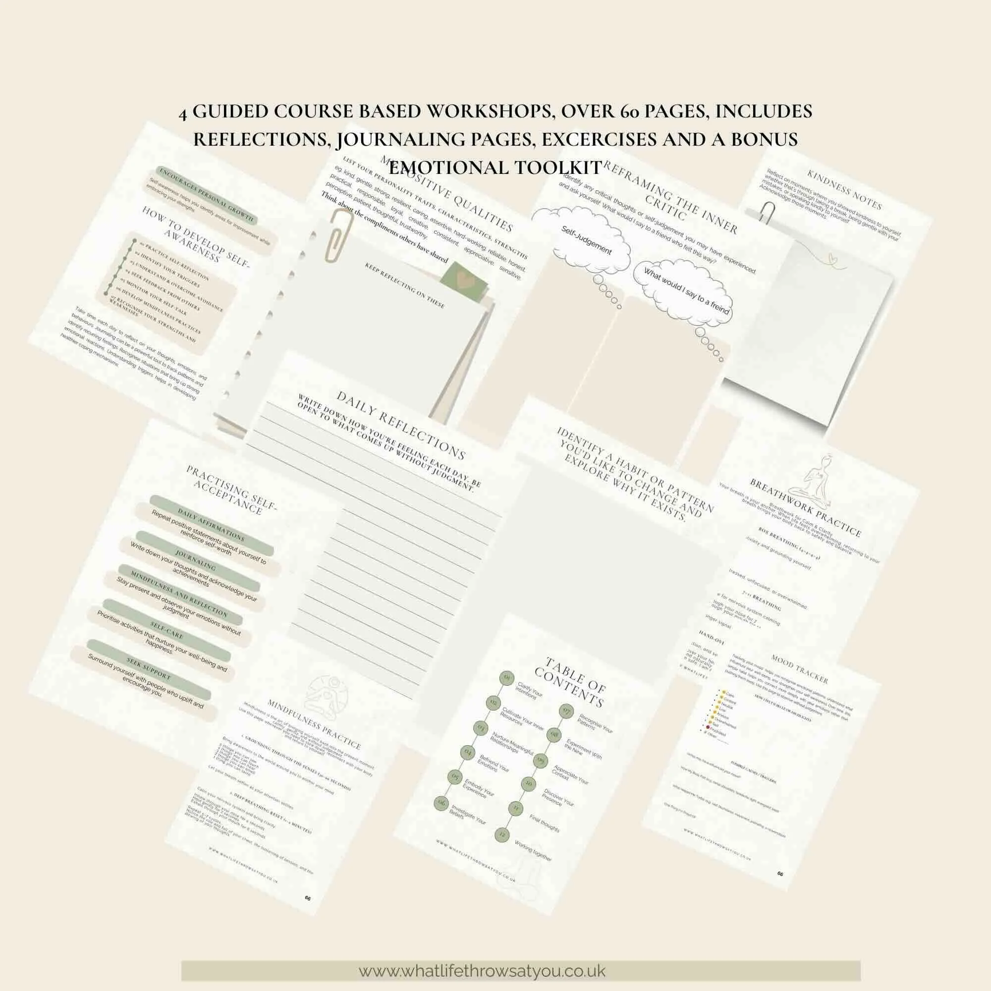 Photo of the inner pages examples for the guided workbook for self compassion acceptence and awareness.jpeg