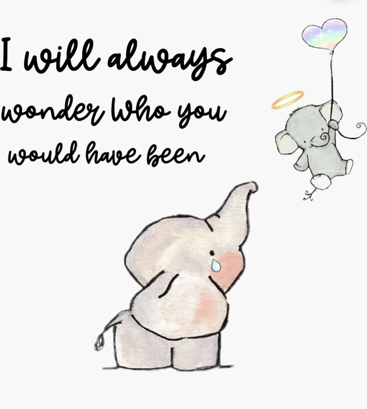 drawn image of a mother elephant watching a baby elephant float to the sky with a balloon and a tear in her eye